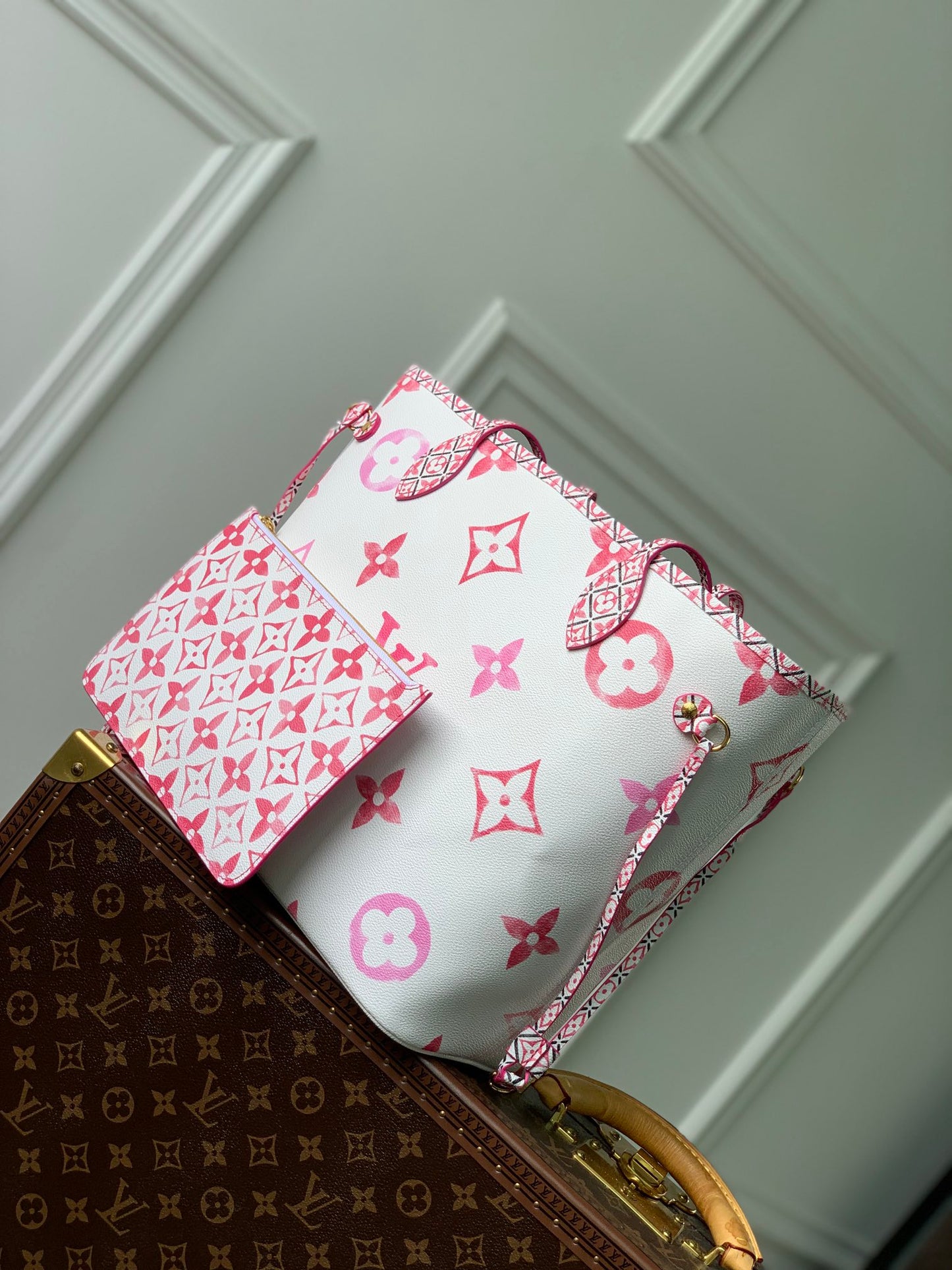 Louis Vuitton Luxury Pink Floral Monogram White Tote Bag with Drawstring Sides
