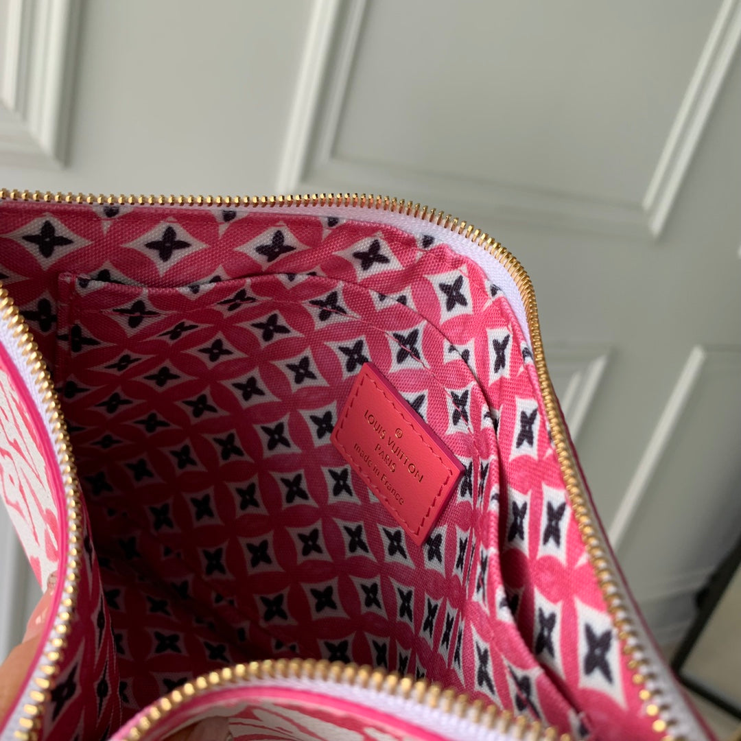 Louis Vuitton Luxury Pink Floral Monogram White Tote Bag with Drawstring Sides