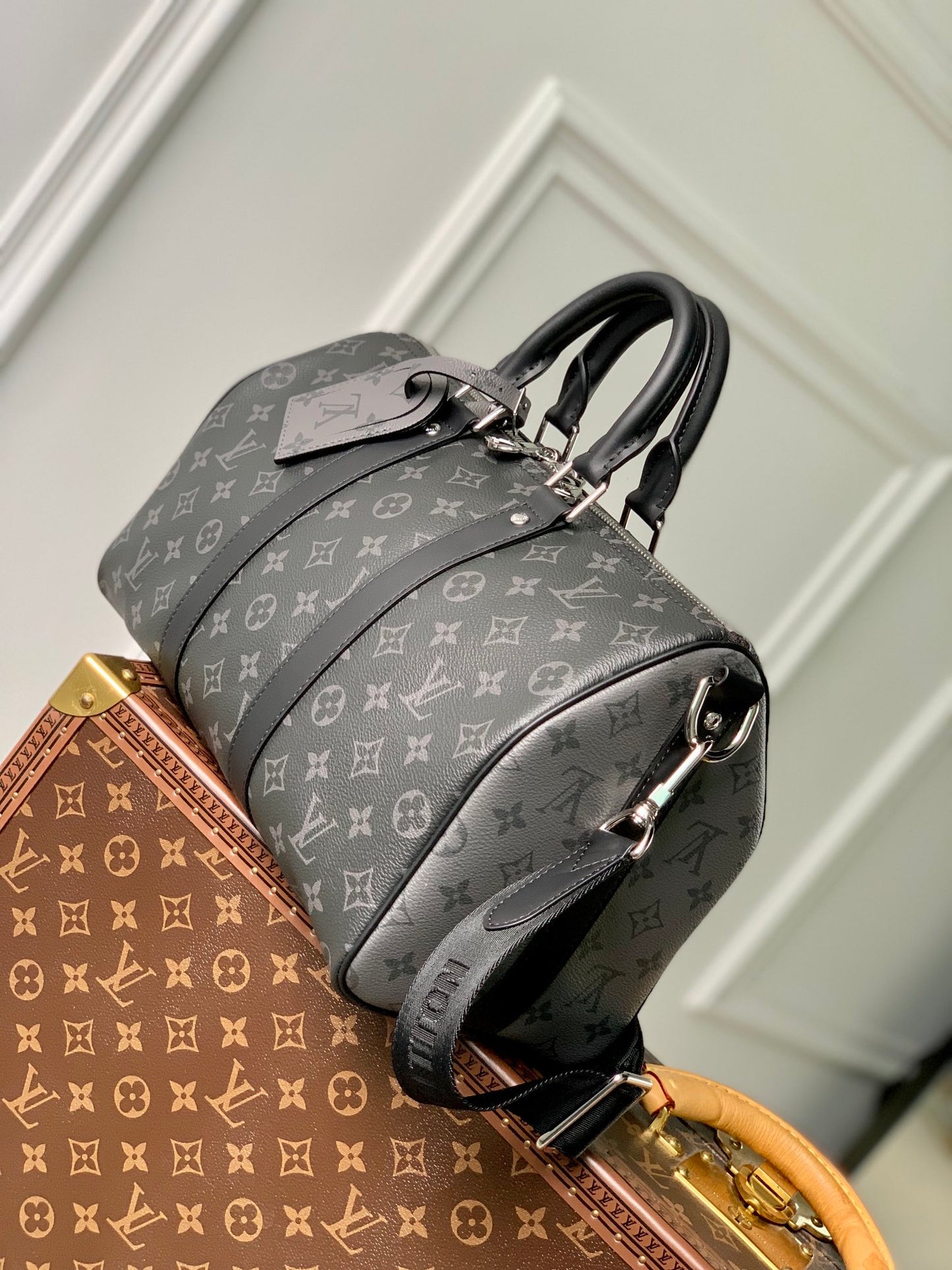 Louis Vuitton Classic Black Monogram Travel Duffle Bag with Shoulder Strap