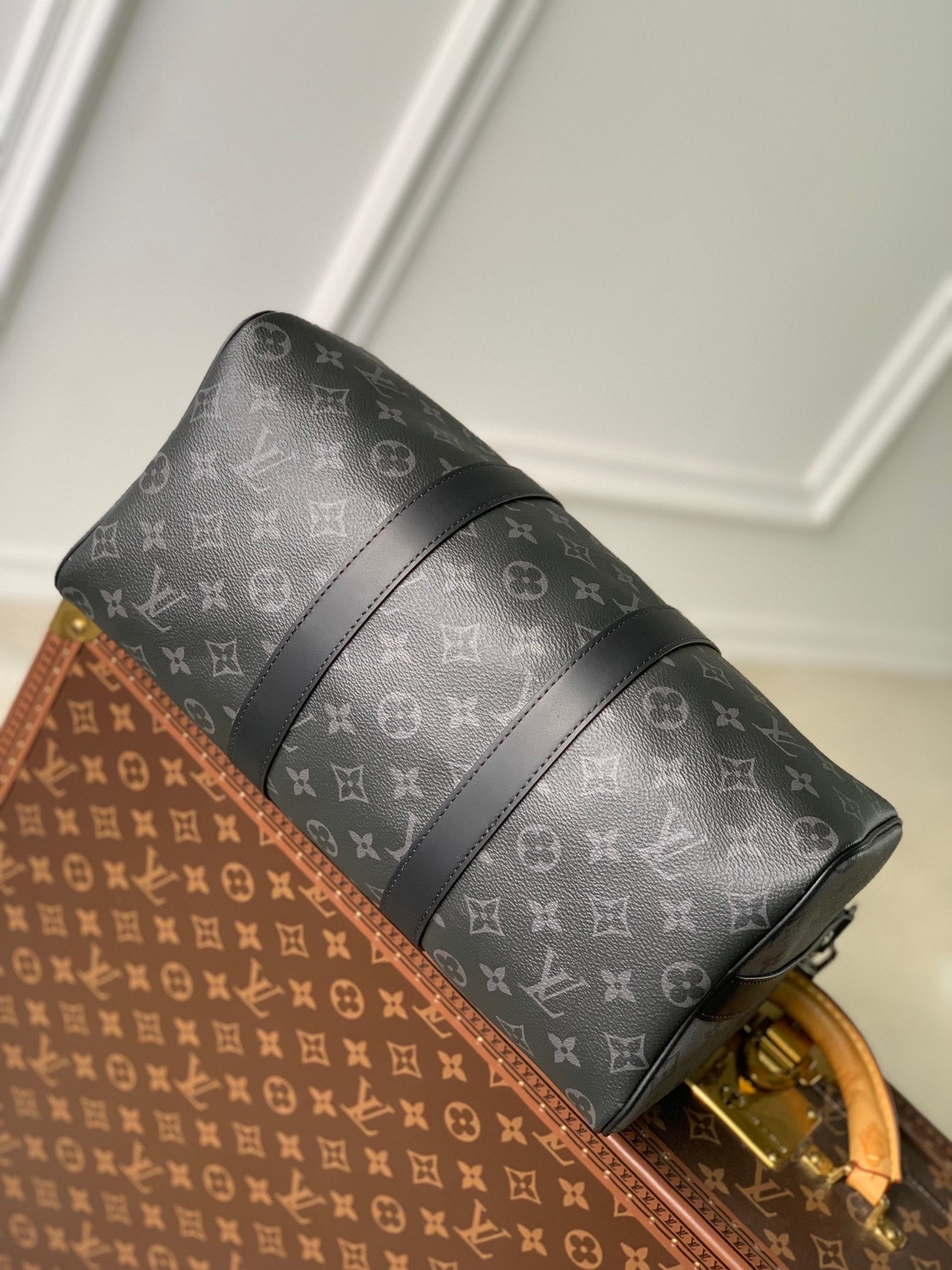 Louis Vuitton Classic Black Monogram Travel Duffle Bag with Shoulder Strap