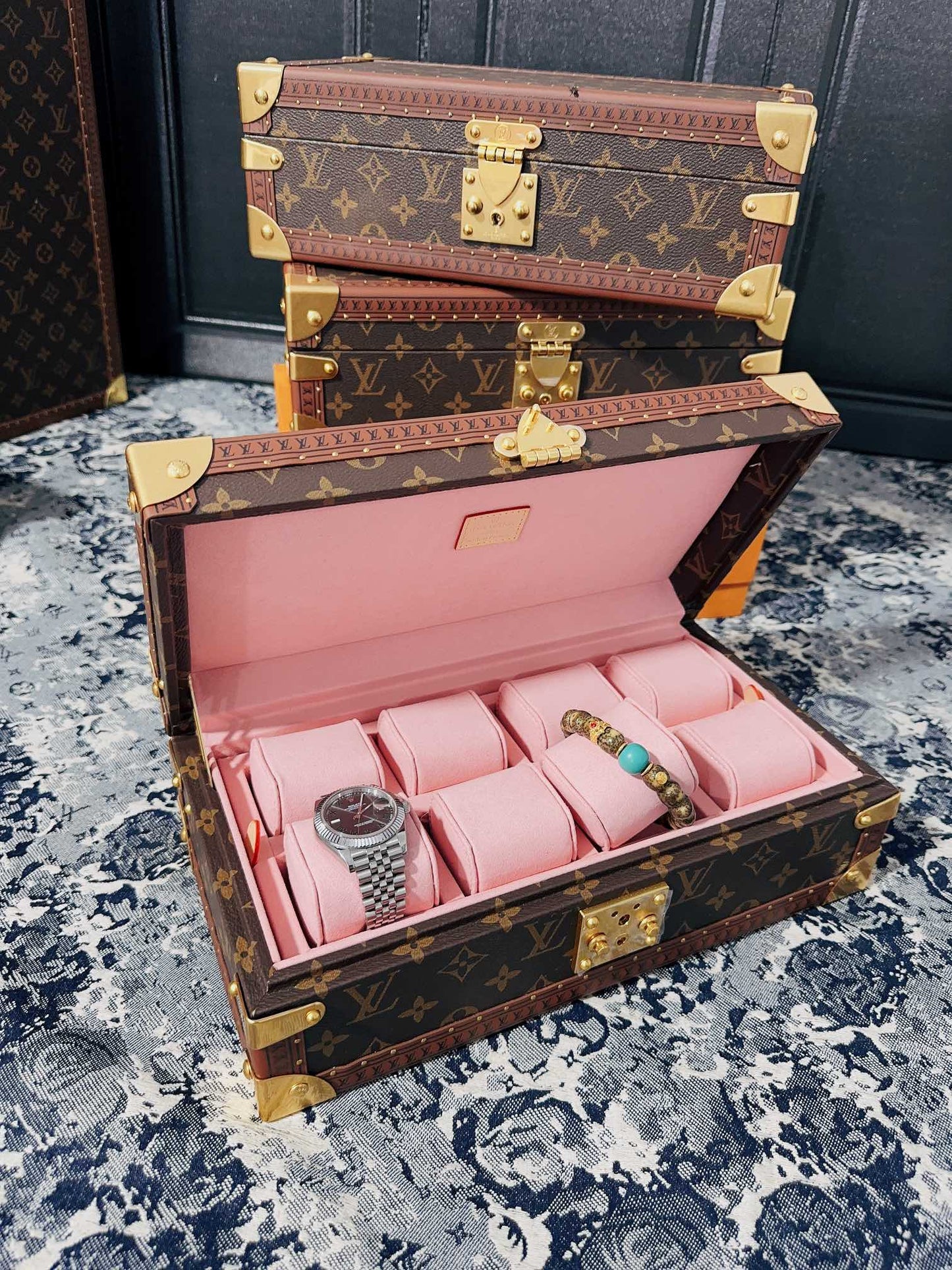 Vintage Monogram Canvas 8-Slot Watch Box Organizer with Pink Lining