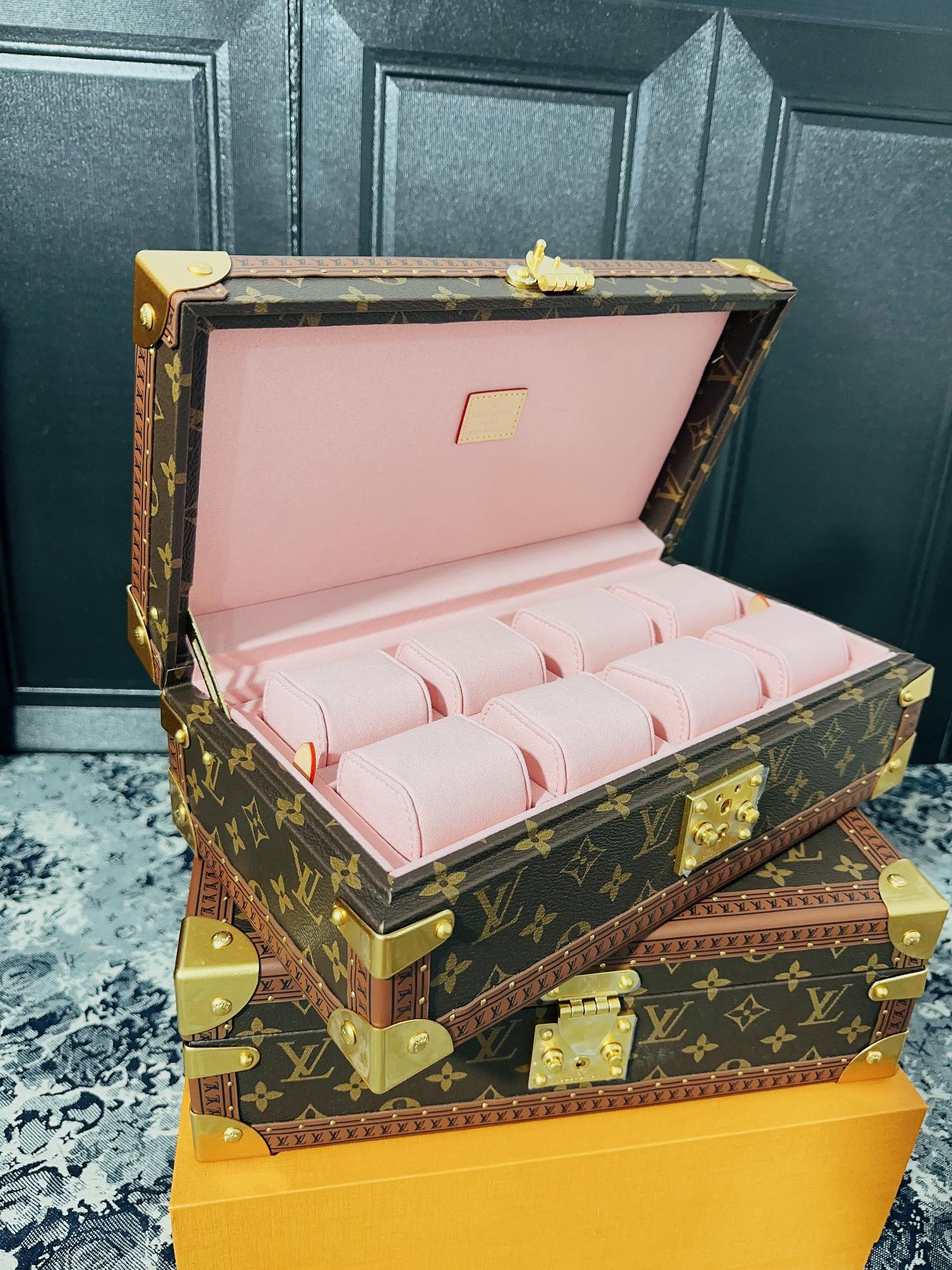 Vintage Monogram Canvas 8-Slot Watch Box Organizer with Pink Lining