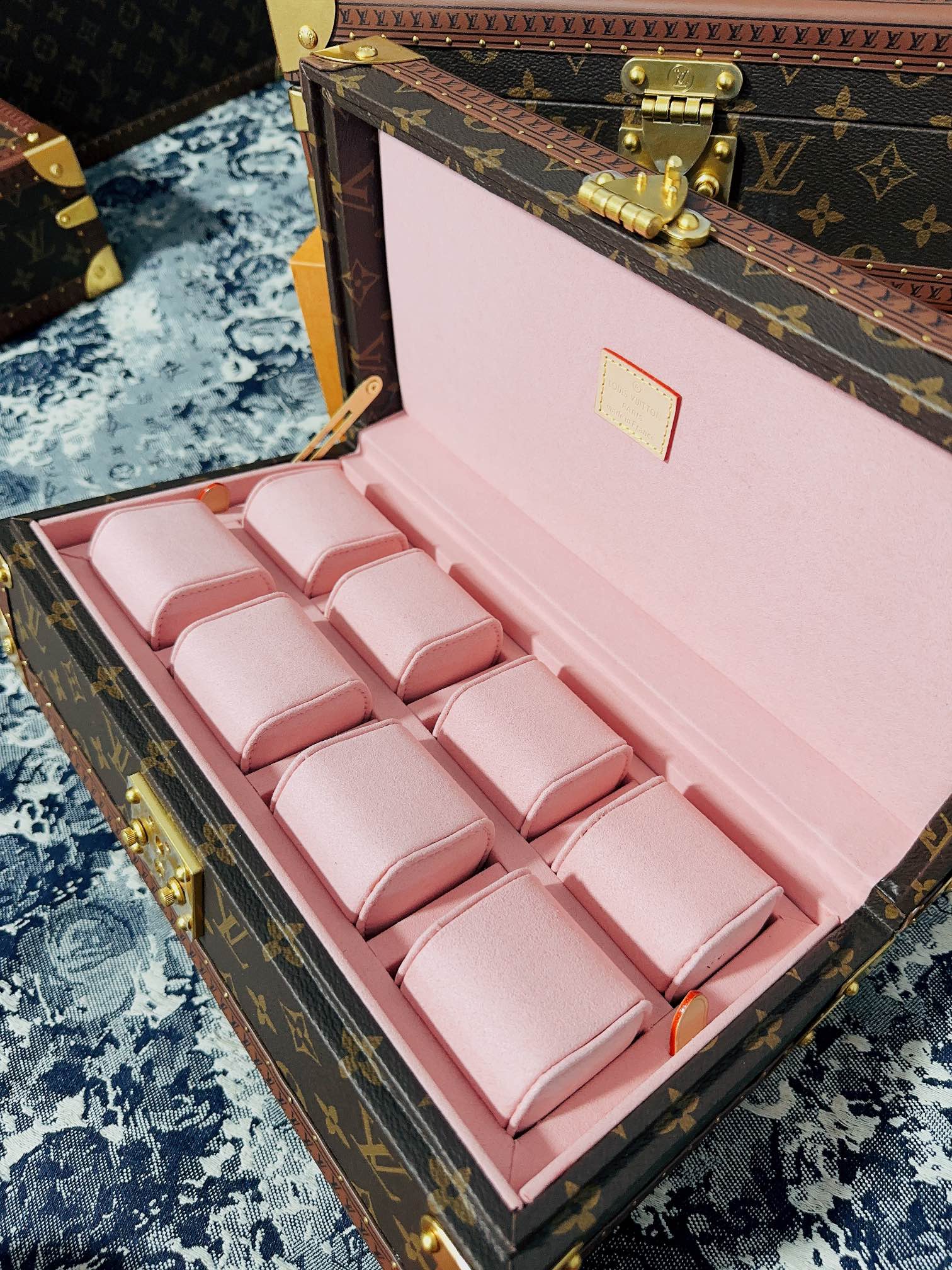 Vintage Monogram Canvas 8-Slot Watch Box Organizer with Pink Lining