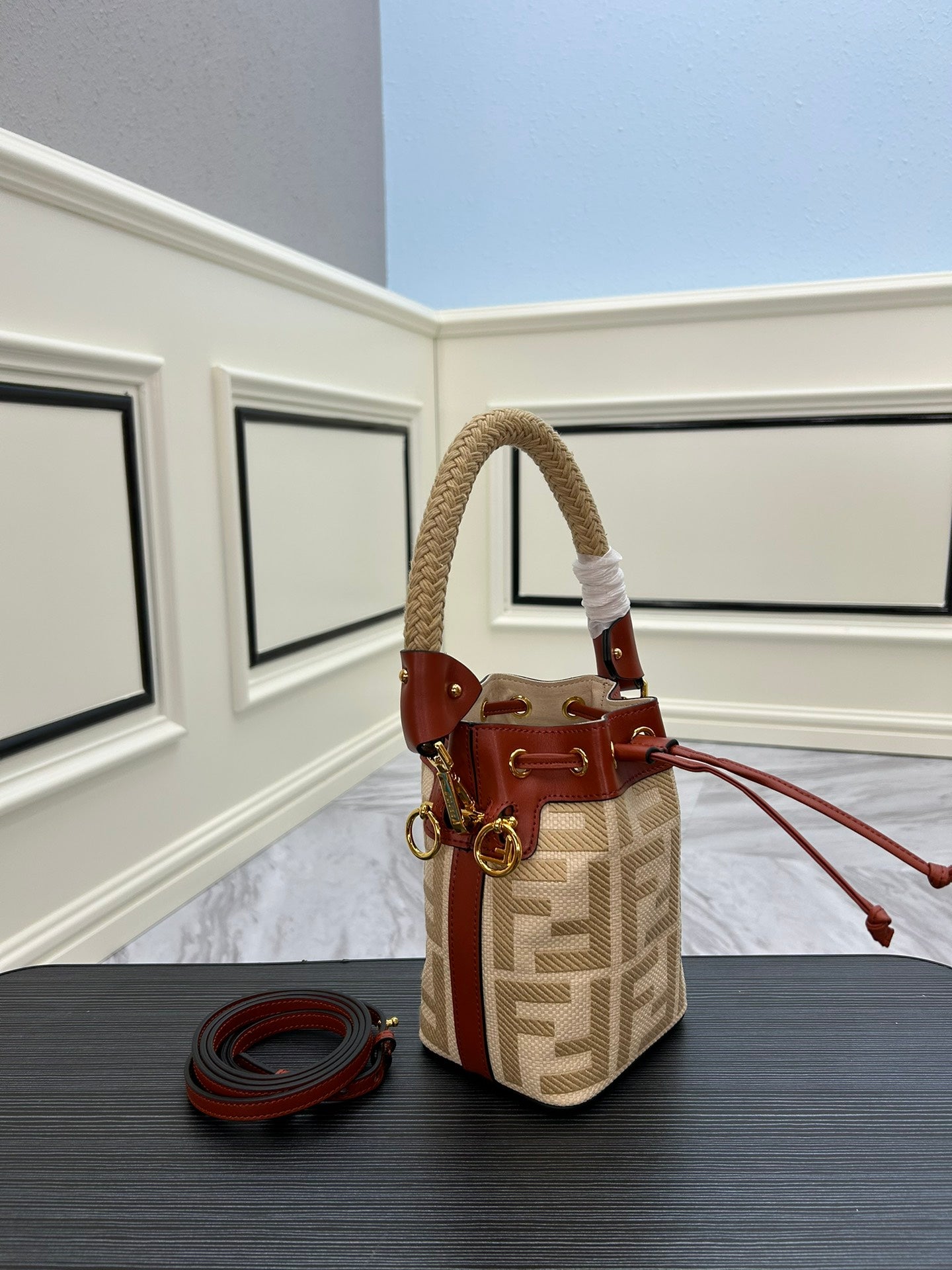 FF Logo Monogram Mini Bucket Bag with Drawstring and Top Handle - 18cm