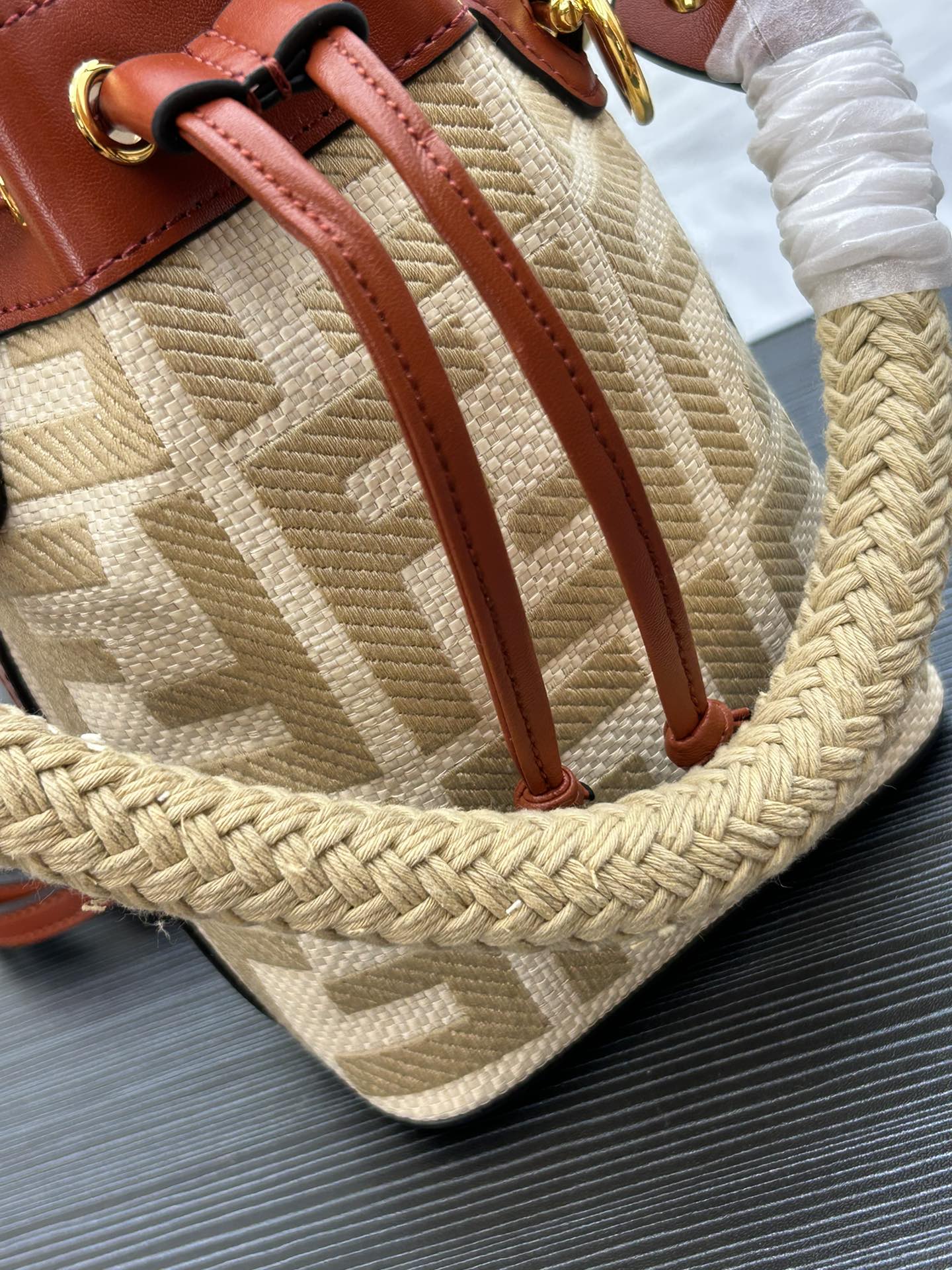 FF Logo Monogram Mini Bucket Bag with Drawstring and Top Handle - 18cm