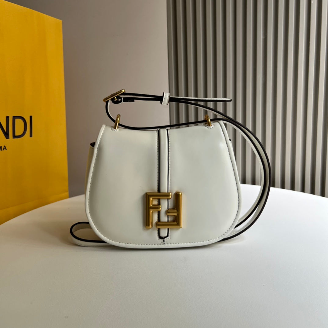 Fendi C'mon Small White Leather Shoulder Bag with Gold FF Logo