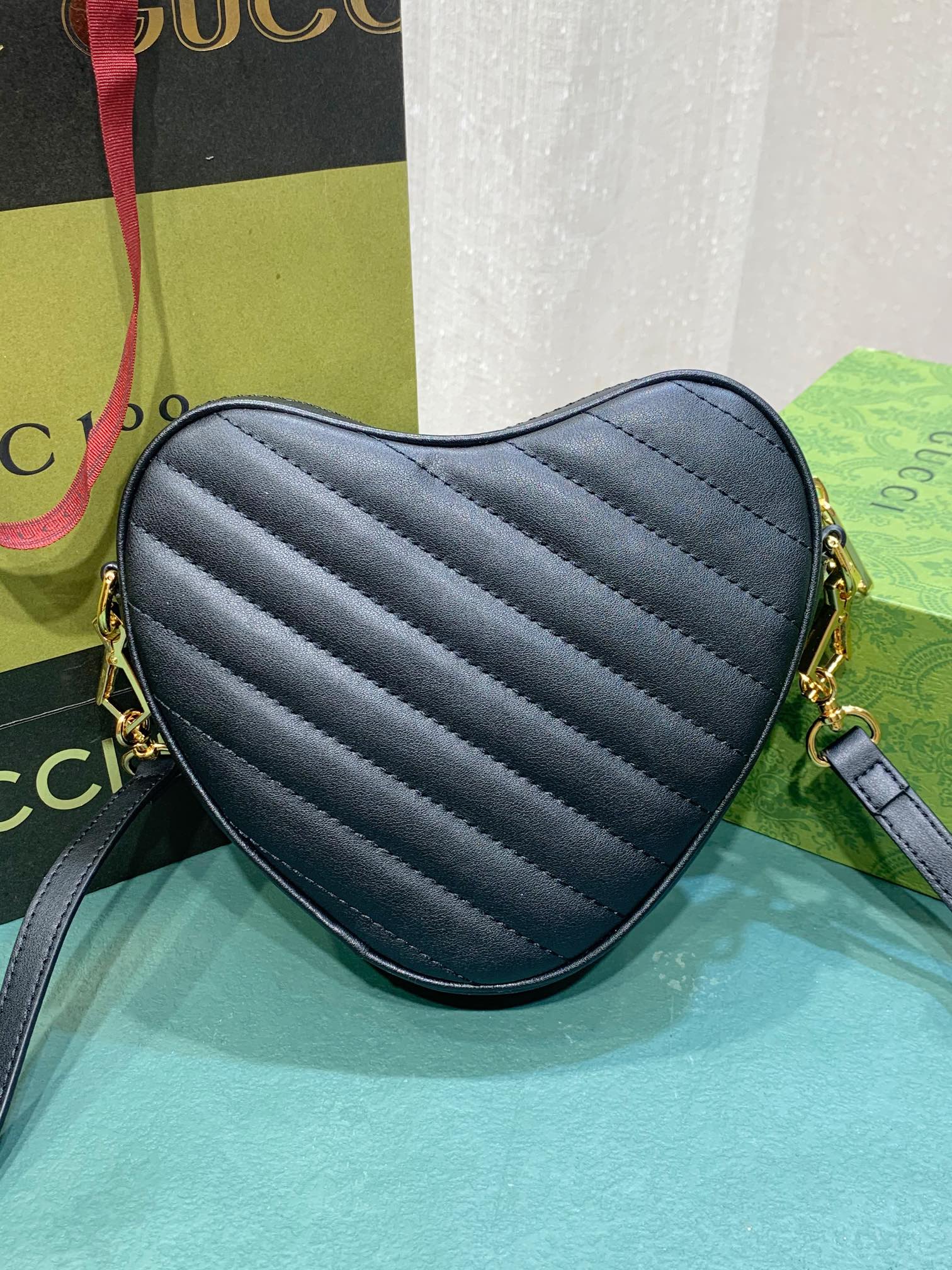 Gucci Quilted Black Leather Heart Shaped Crossbody Shoulder Bag