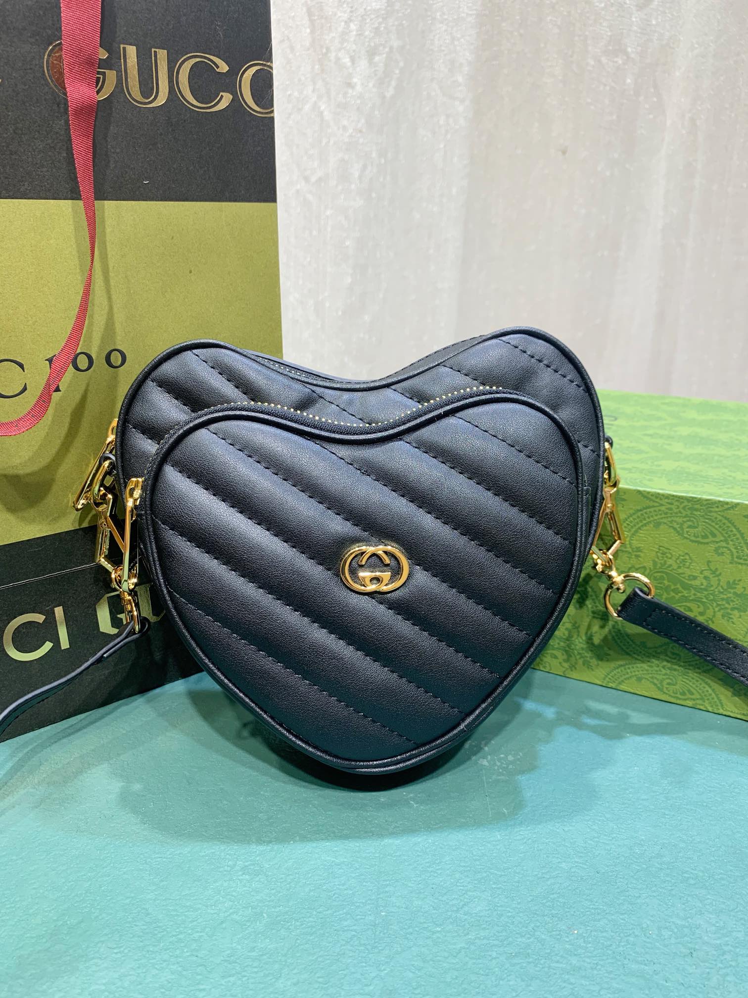 Gucci Quilted Black Leather Heart Shaped Crossbody Shoulder Bag