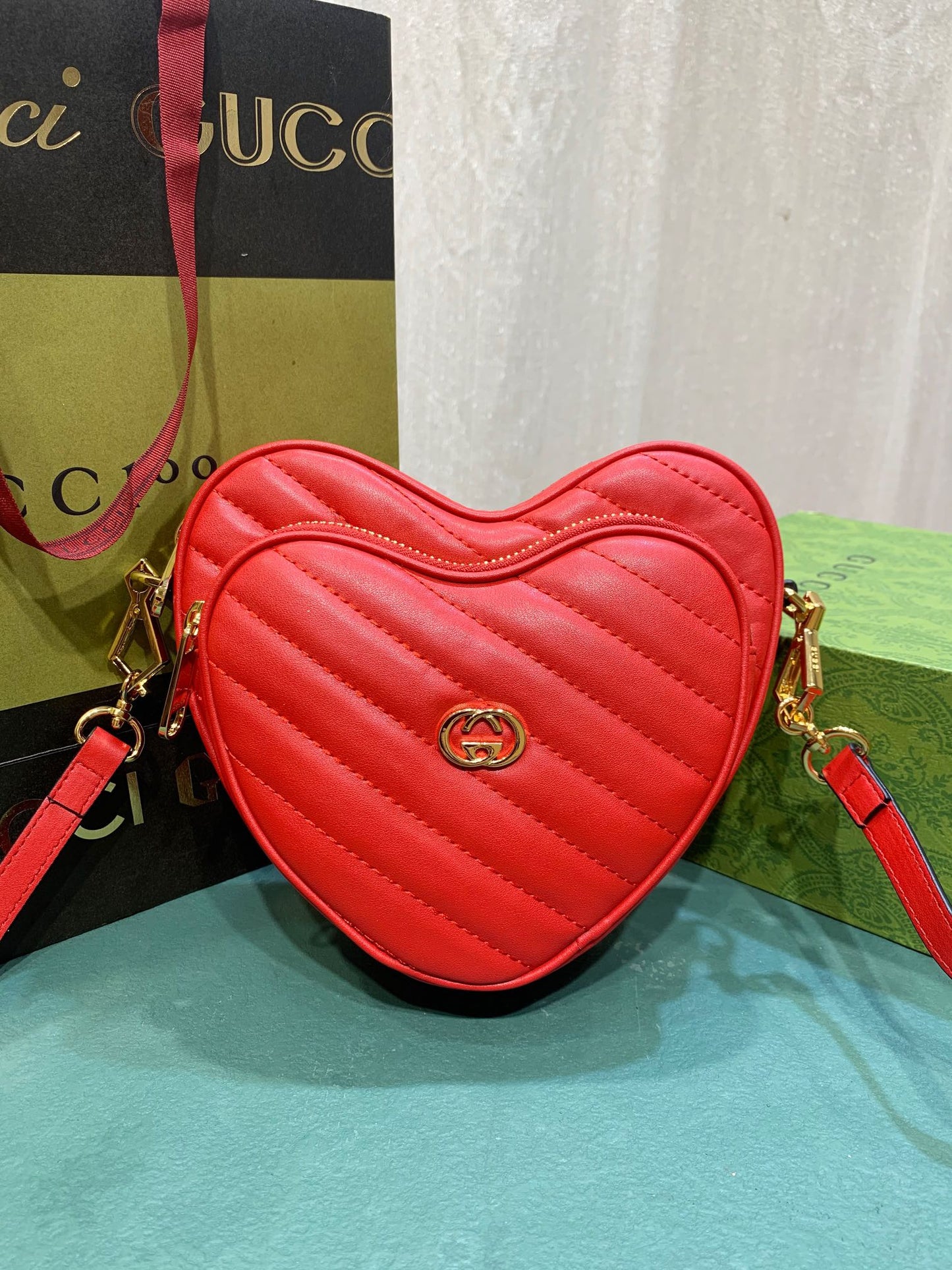 Gucci Heart Shaped Red Quilted Leather Crossbody Shoulder Bag