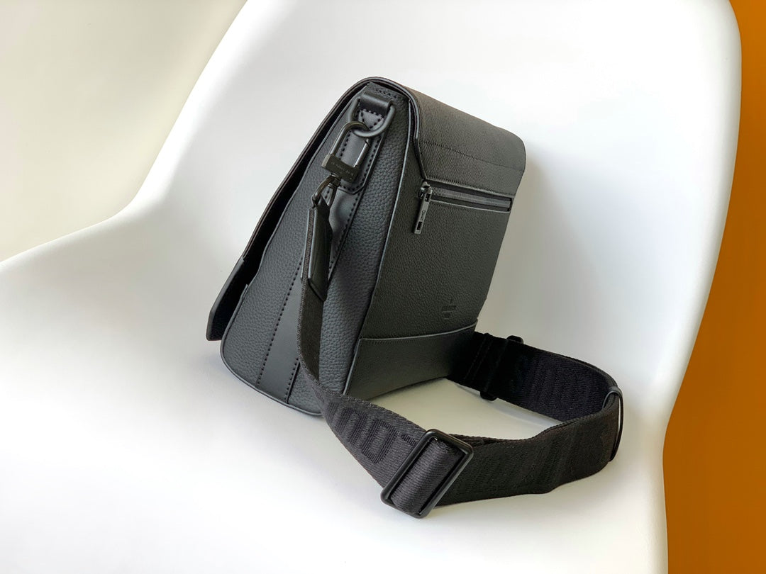 Louis Vuitton Minimalist Black Leather Messenger Bag with Wide Crossbody Strap