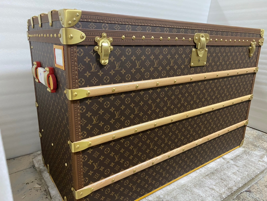 Vintage Monogram Pattern Steamer Trunk with Brass Hardware