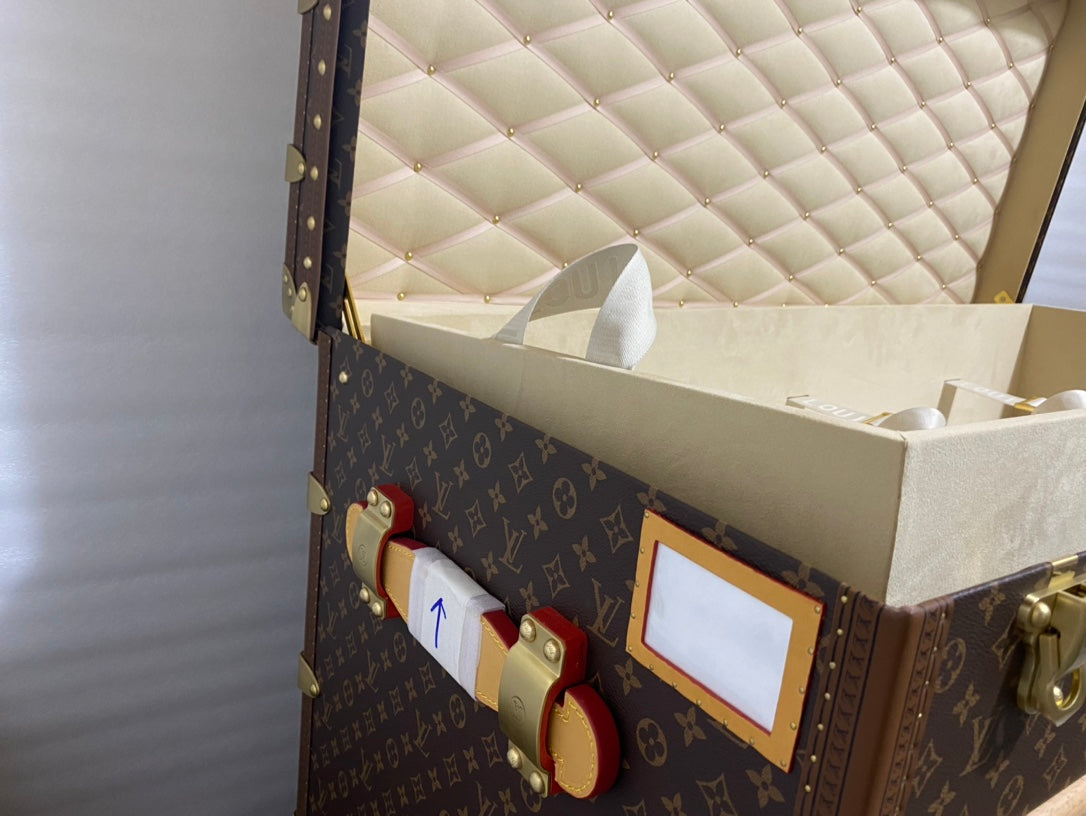 Vintage Monogram Pattern Steamer Trunk with Brass Hardware