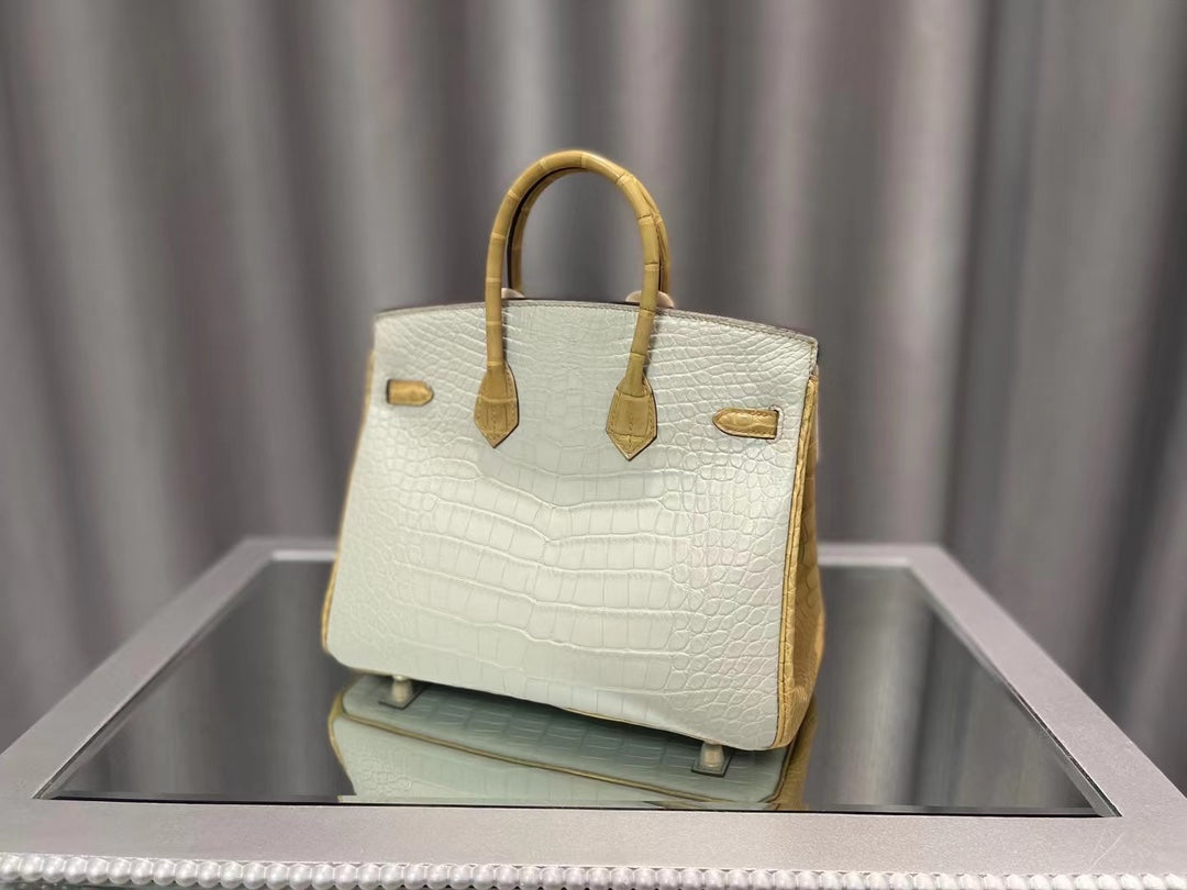 Exotic Crocodile Embossed Leather Top Handle Handbag - Elegant Off-White Luxury Tote with Gold Turn-Lock