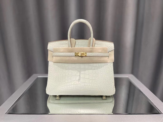 Luxurious White Crocodile Embossed Leather Handbag - Classic Top Handle Tote with Gold Hardware