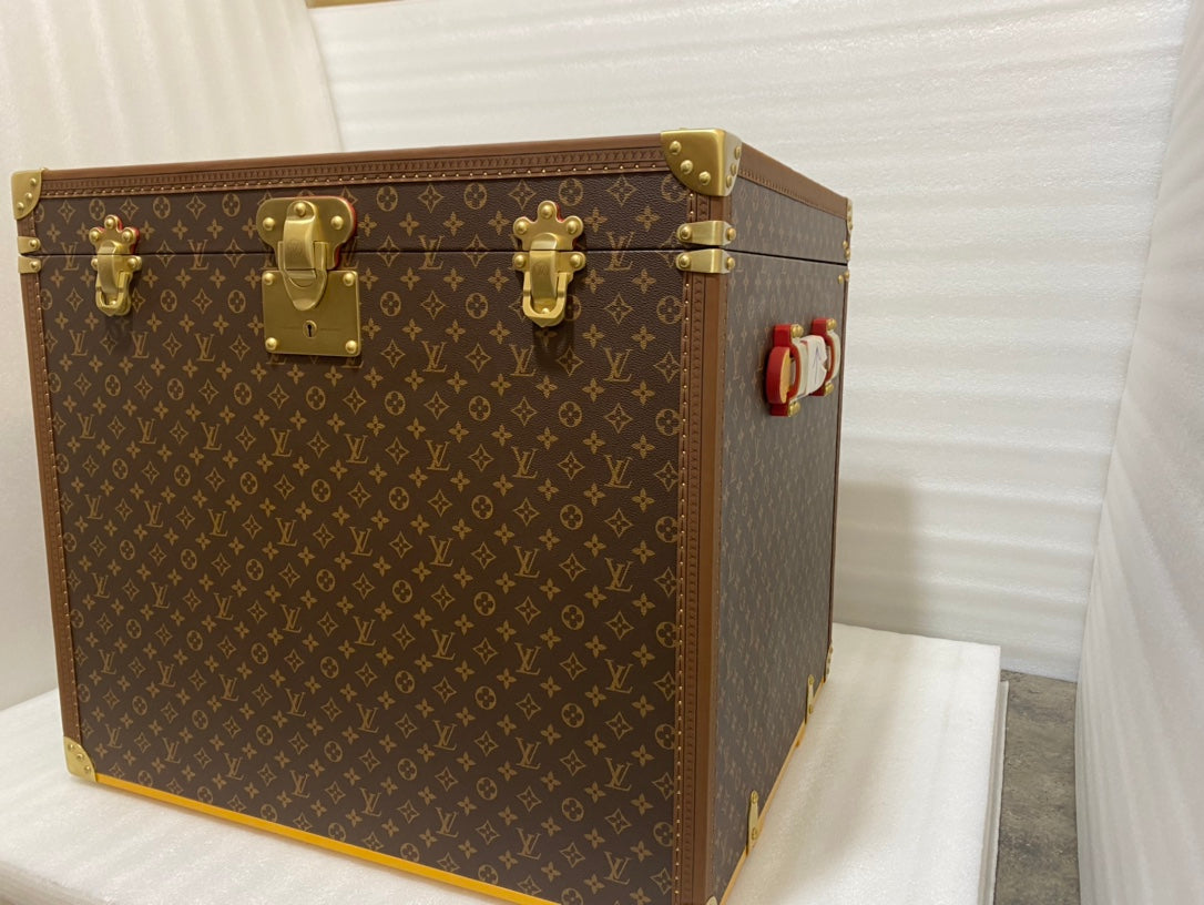 Vintage Monogram Pattern Square Storage Trunk with Gold Hardware