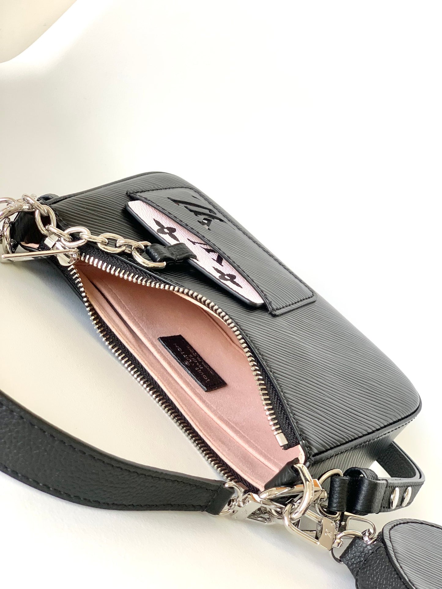 Louis Vuitton Classic Black Textured Leather Baguette Shoulder Bag with Silver Chain