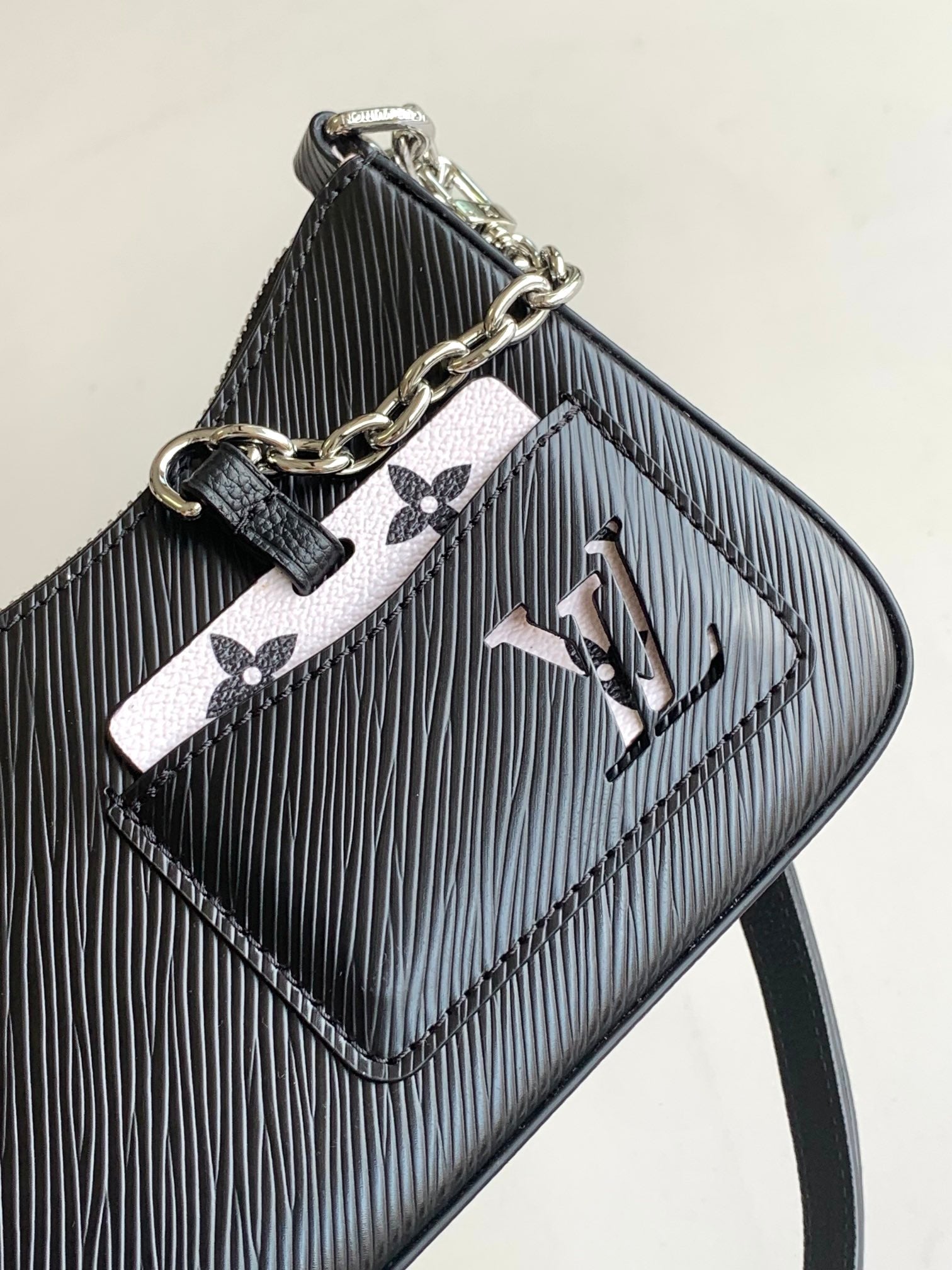 Louis Vuitton Classic Black Textured Leather Baguette Shoulder Bag with Silver Chain