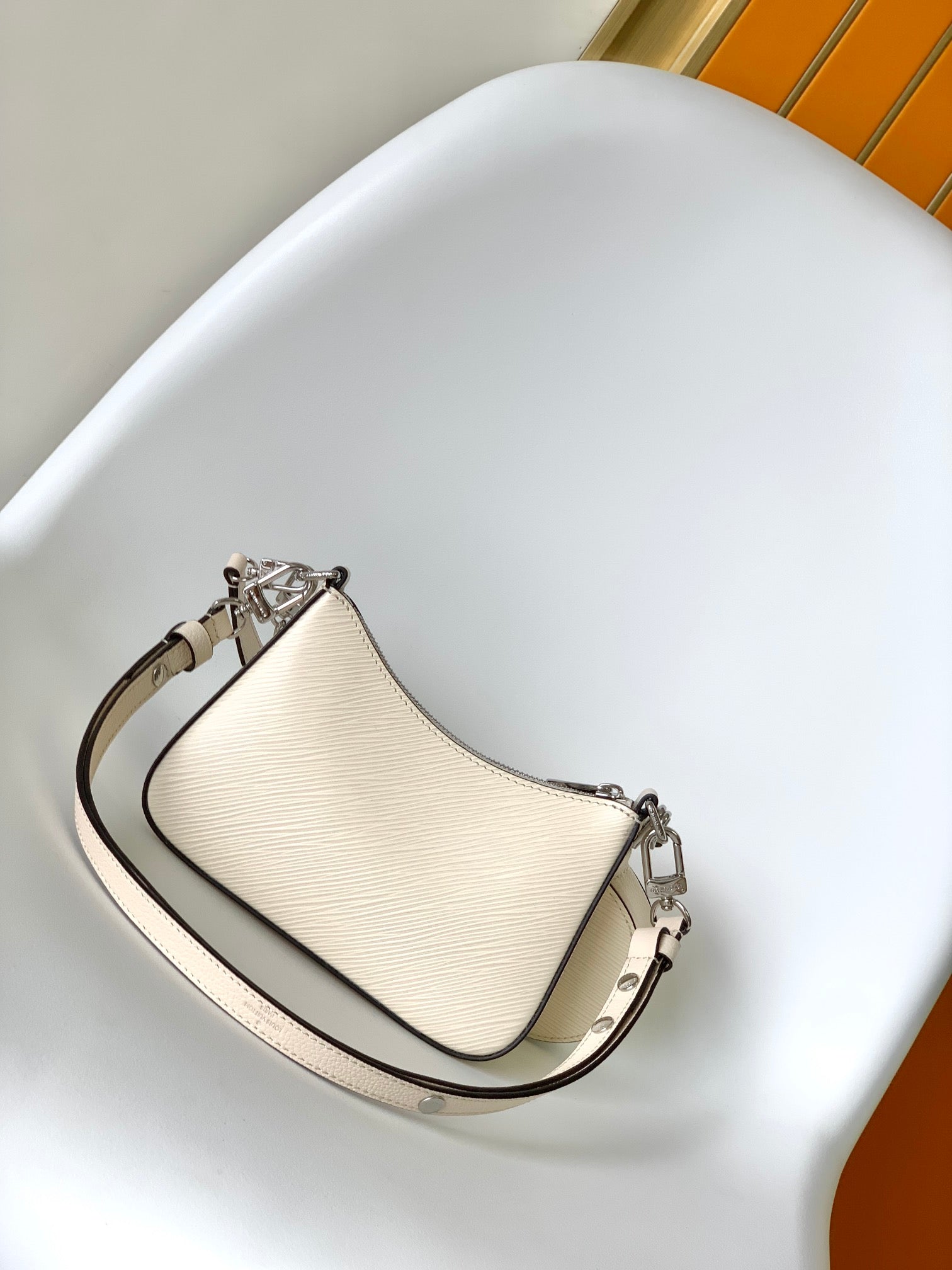 Louis Vuitton Cream Leather Crescent Shoulder Bag with Silver Chain Strap