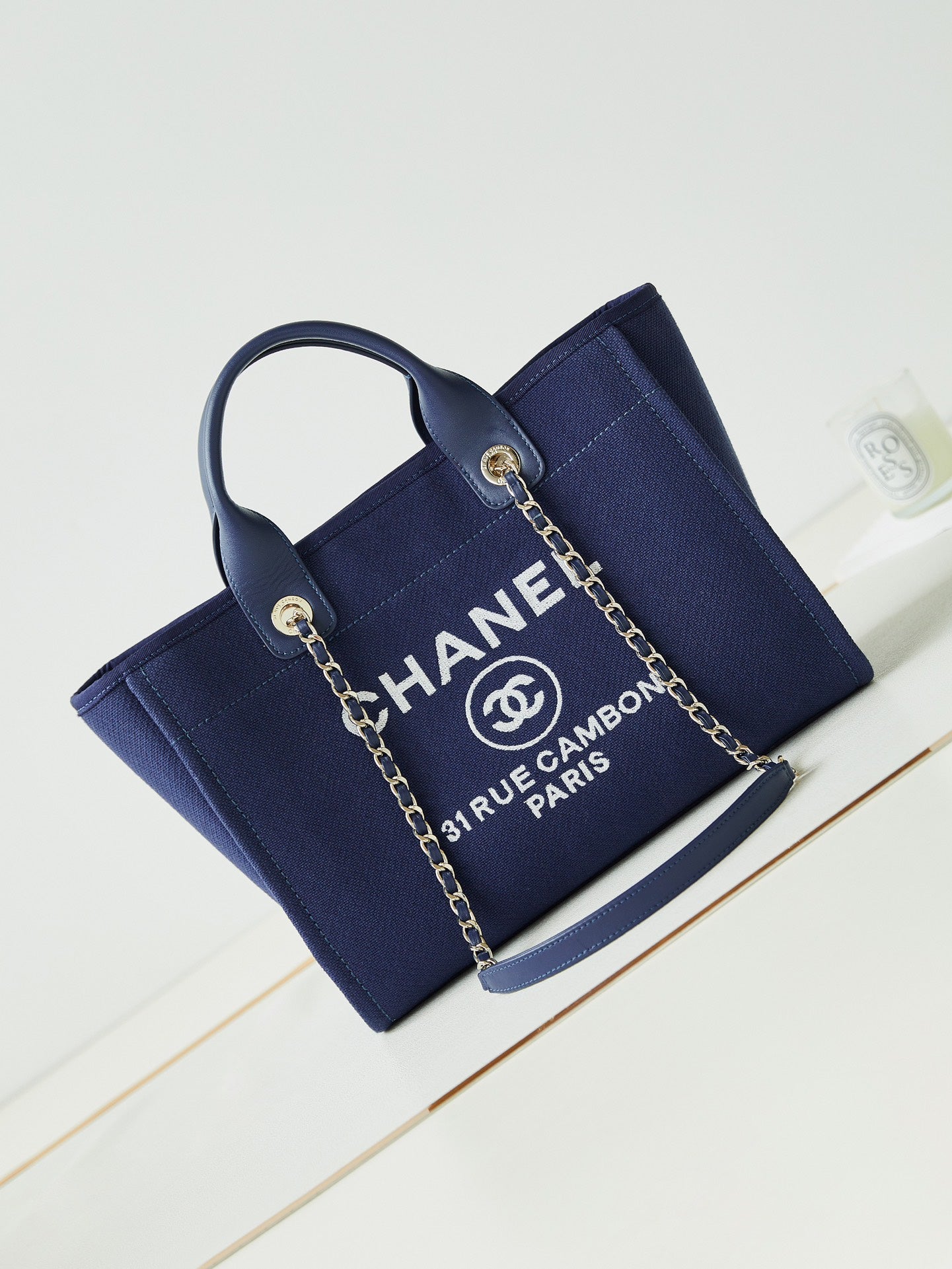 Chanel Deauville Medium Canvas Tote Bag - Navy Blue with Silver-Tone Hardware