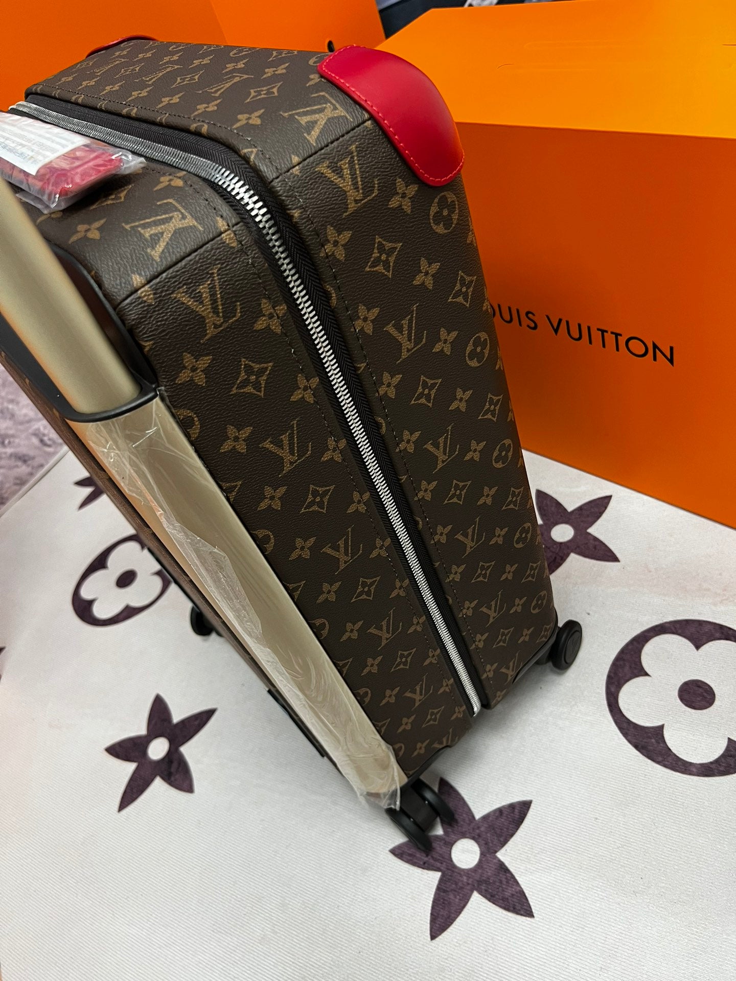 Luxury Monogram Print Rolling Suitcase with Red Trim