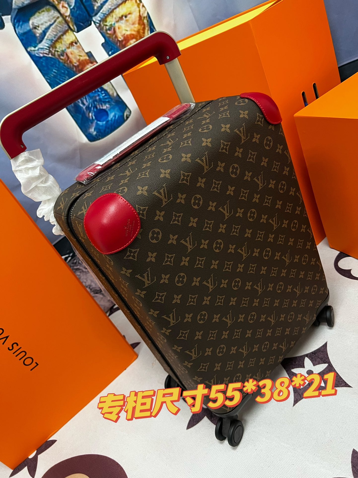 Luxury Monogram Print Rolling Suitcase with Red Trim