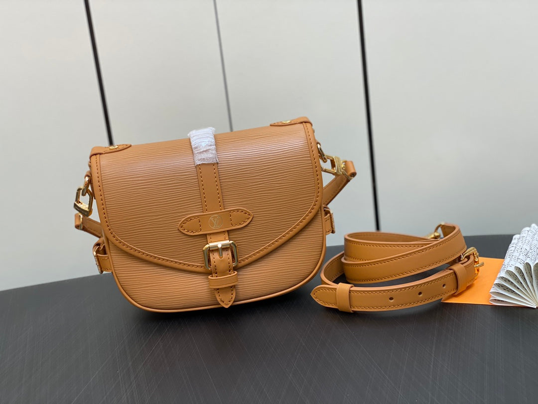 Louis Vuitton Classic Tan Leather Saddle Crossbody Bag with Buckle Detail
