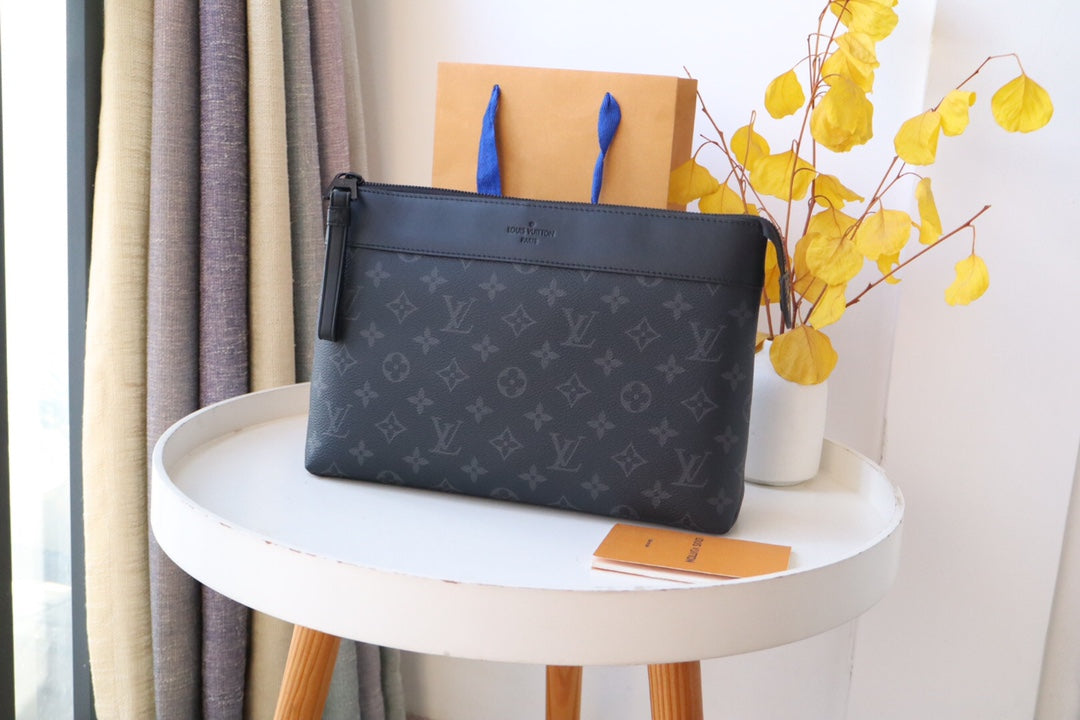 Louis Vuitton Elegant Black Monogram Pattern Zippered Pouch Clutch Bag