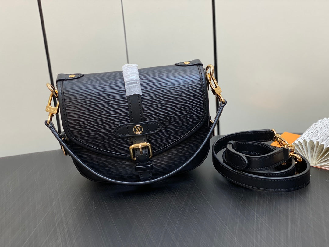 Louis Vuitton Classic Black Leather Crossbody Shoulder Bag with Gold Buckle