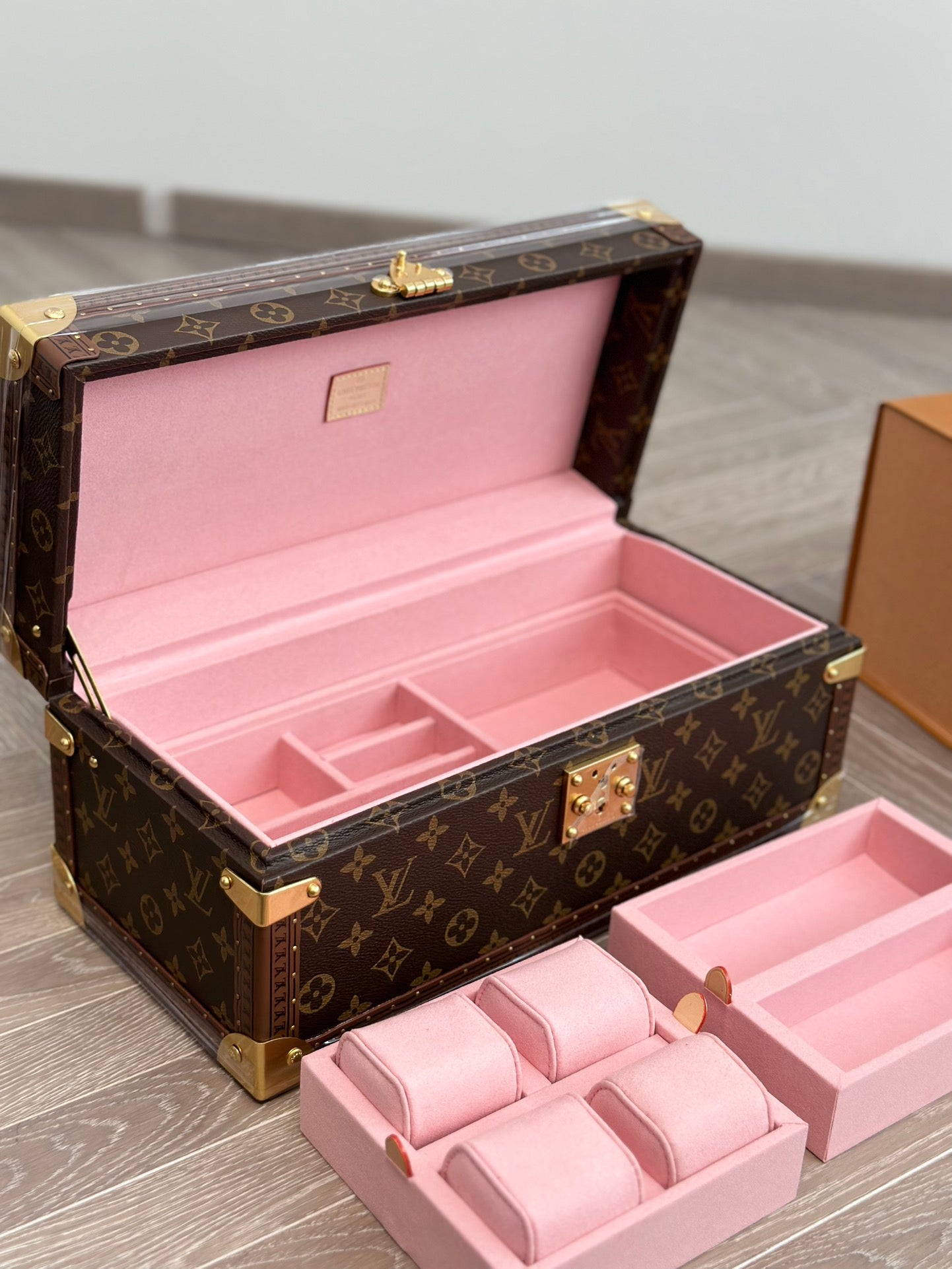 Luxury Monogram Jewelry Trunk Organizer with Pink Velvet Interior