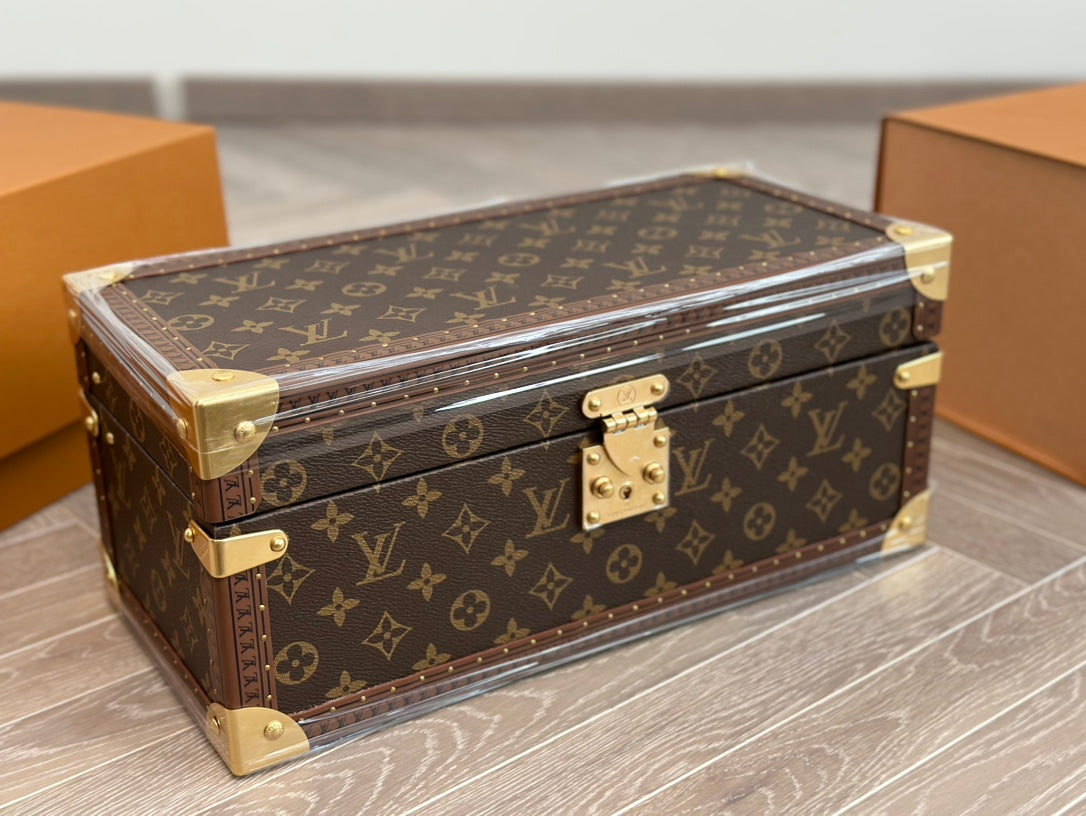 Vintage Monogram Jewelry and Watch Trunk Box with Pink Velvet Lining