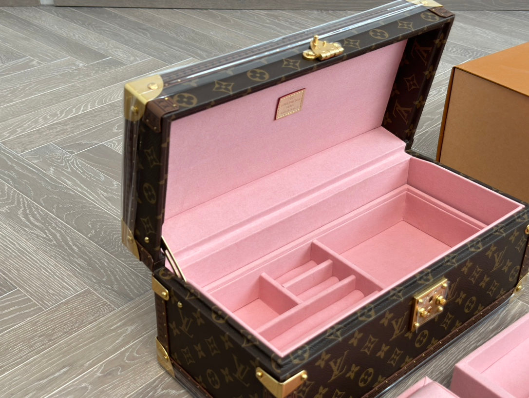 Vintage Monogram Jewelry and Watch Trunk Box with Pink Velvet Lining