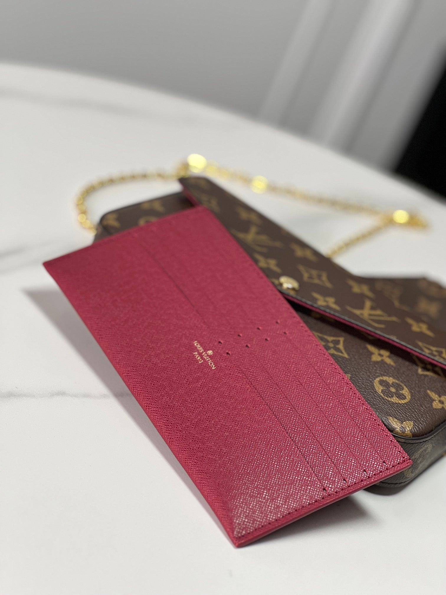 Louis Vuitton Classic Brown Monogram Envelope Clutch Bag with Gold Chain Strap