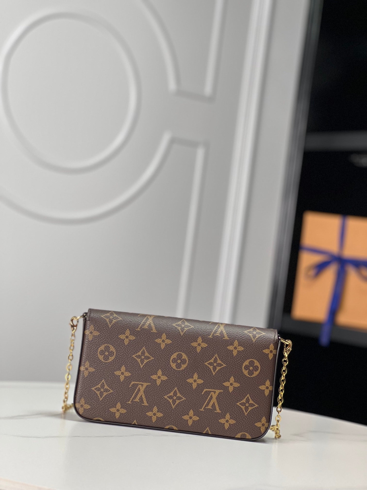 Louis Vuitton Classic Brown Monogram Envelope Clutch Bag with Gold Chain Strap