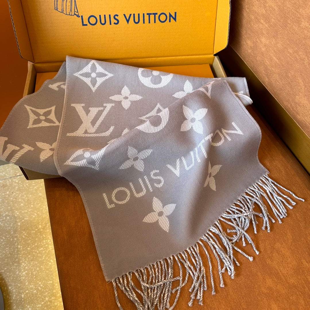Luxury Monogram Print Scarf for Women - Soft Gray and White Patterned Oversized Shawl Wrap Fashion Accessory