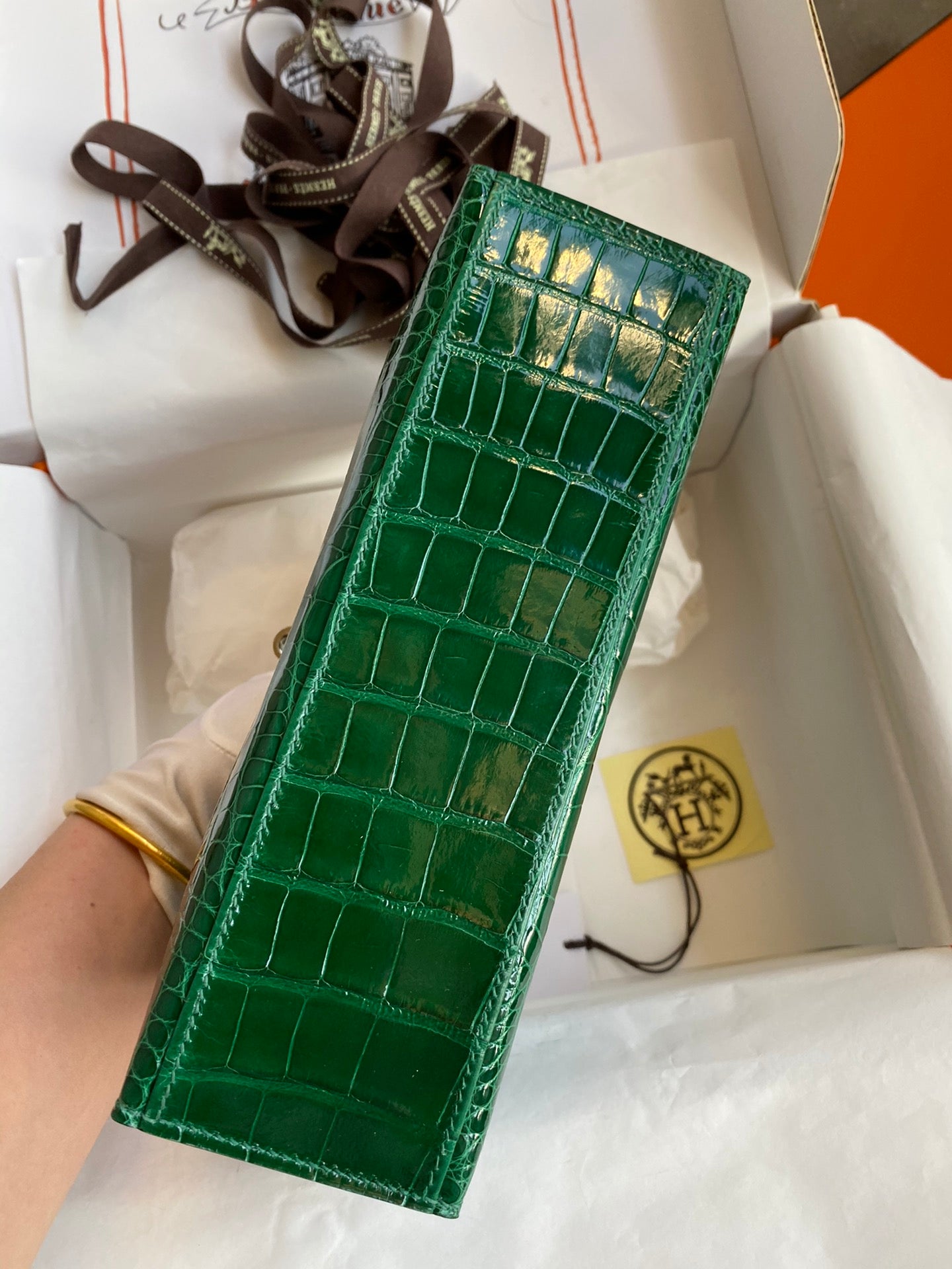 Emerald Green Crocodile-Embossed Leather Kelly Pochette Mini Handbag