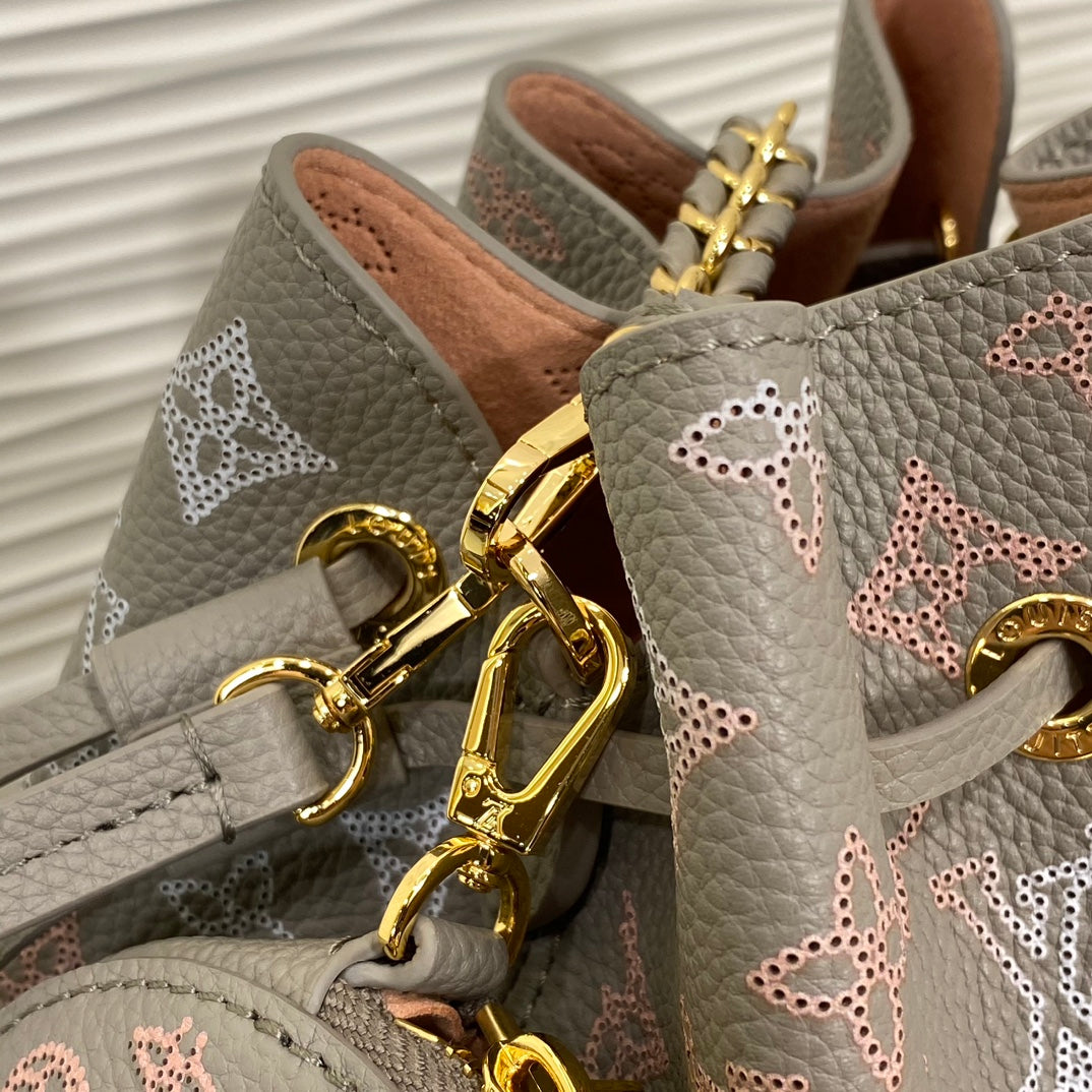 Louis Vuitton Elegant Taupe Monogram Bucket Bag with Gold Chain and Coin Purse