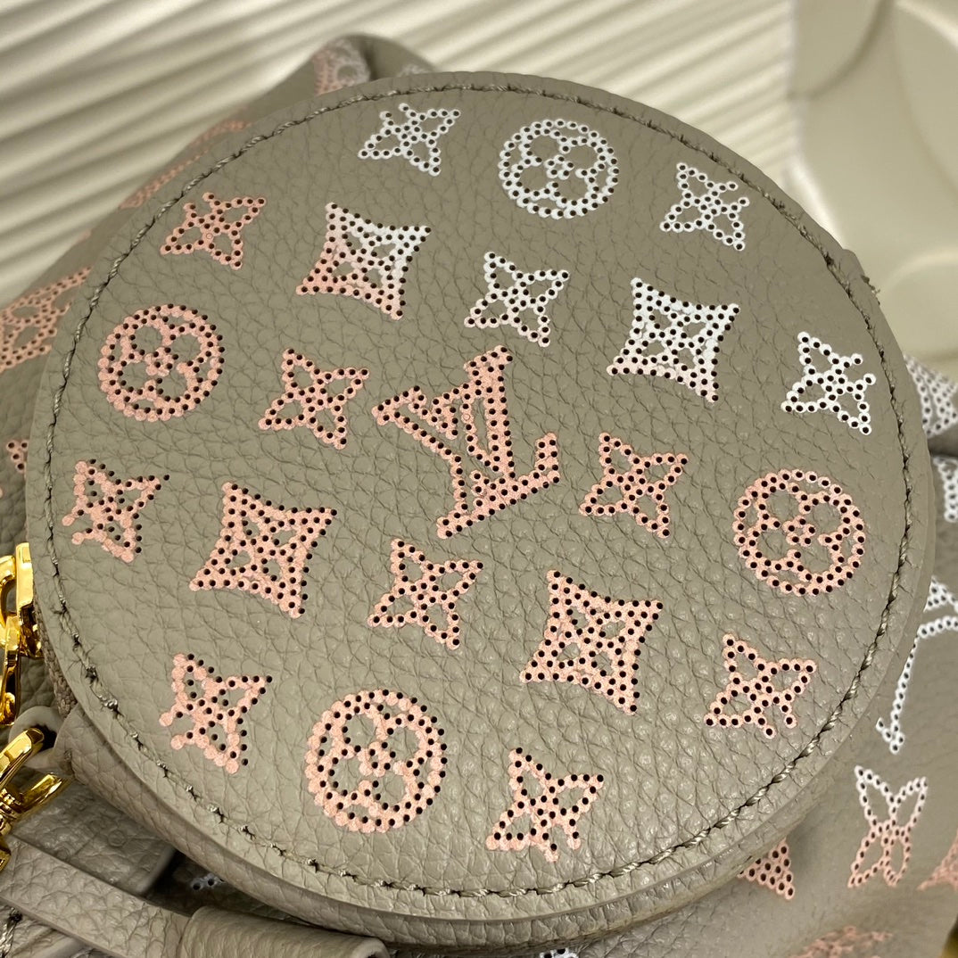 Louis Vuitton Elegant Taupe Monogram Bucket Bag with Gold Chain and Coin Purse