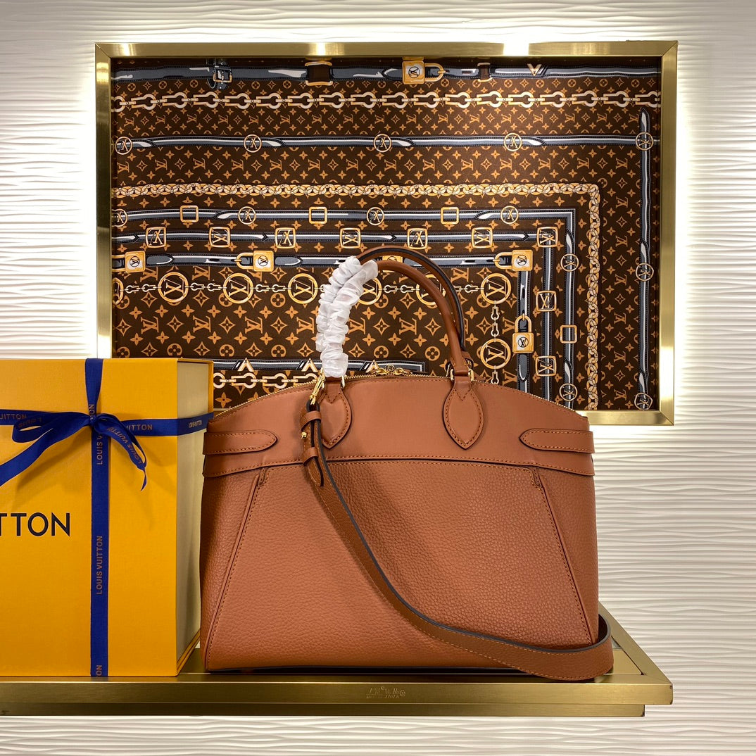 Louis Vuitton Classic Brown Leather Satchel Handbag with Crossbody Strap
