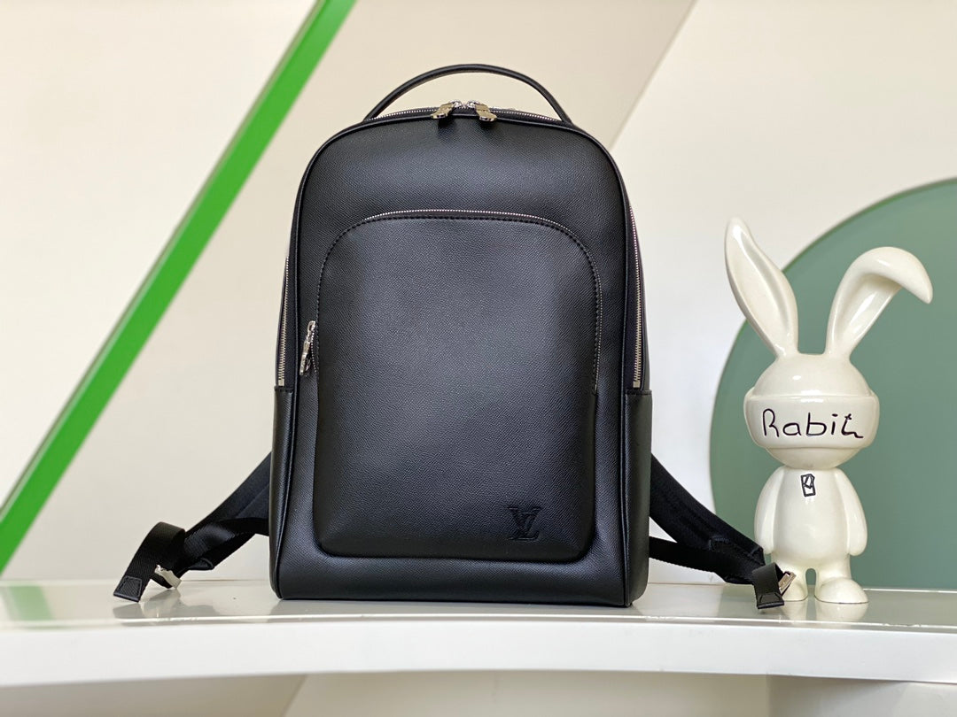 Louis Vuitton Minimalist Black Leather Backpack with Front Pocket Unisex Daypack
