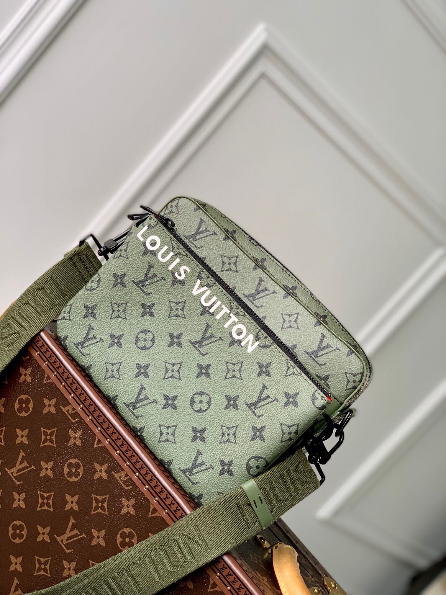 Louis Vuitton Olive Green Monogram Crossbody Bag with Detachable Red Pouch