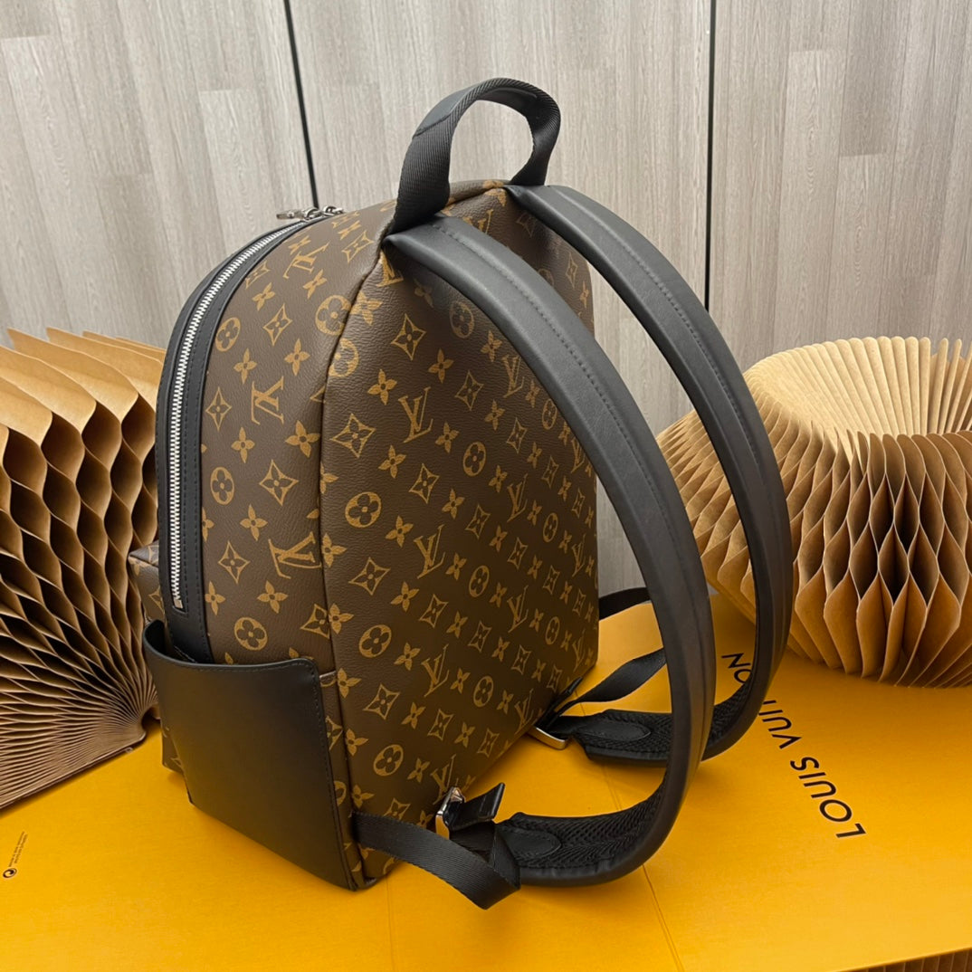 Louis Vuitton Luxury Brown Monogram Pattern Canvas Backpack with Black Leather Trim