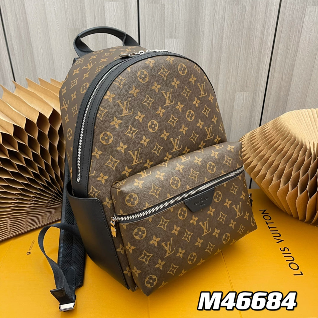 Louis Vuitton Luxury Brown Monogram Pattern Canvas Backpack with Black Leather Trim