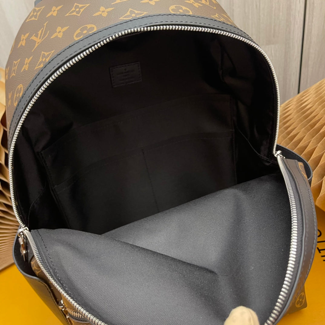 Louis Vuitton Luxury Brown Monogram Pattern Canvas Backpack with Black Leather Trim