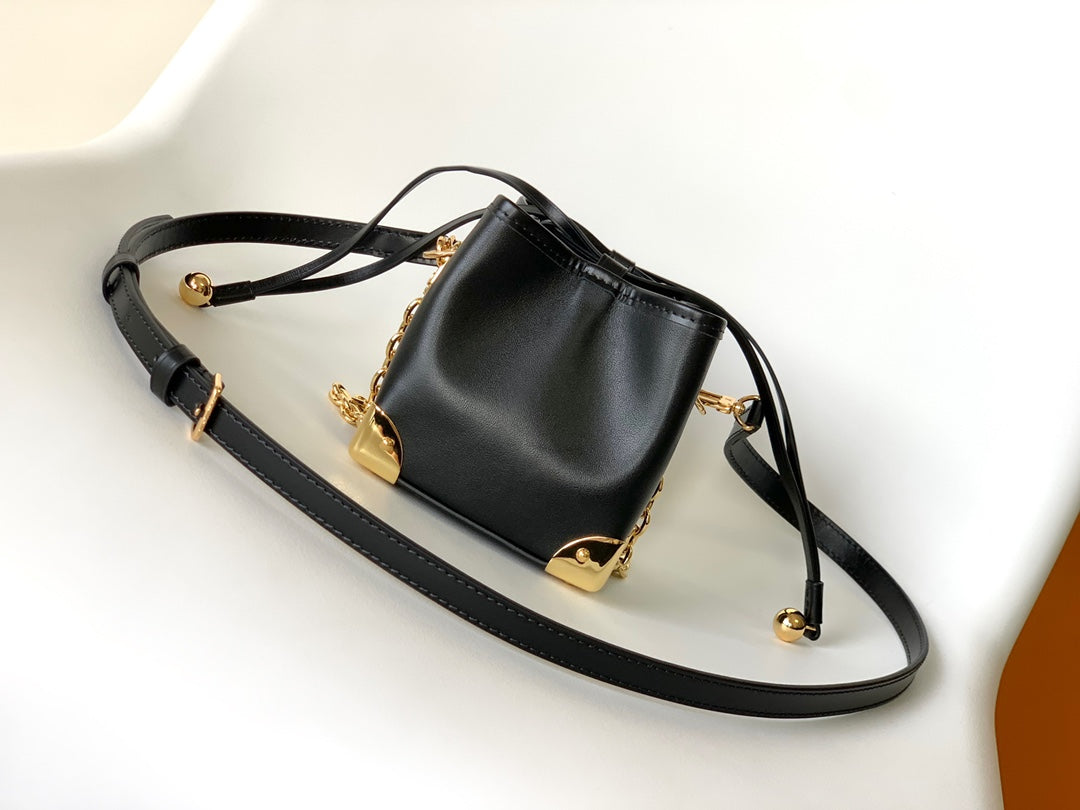 Louis Vuitton Black Leather Bucket Handbag with Gold-Tone Hardware & Chain