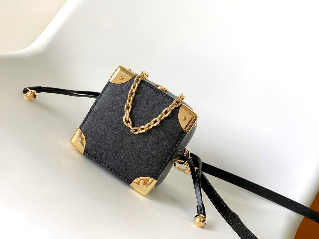 Louis Vuitton Black Leather Bucket Handbag with Gold-Tone Hardware & Chain