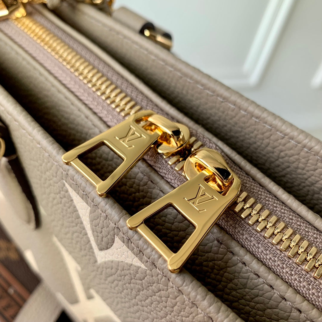 Louis Vuitton Taupe Embossed Leather Top Handle Handbag with Gold Chain Strap