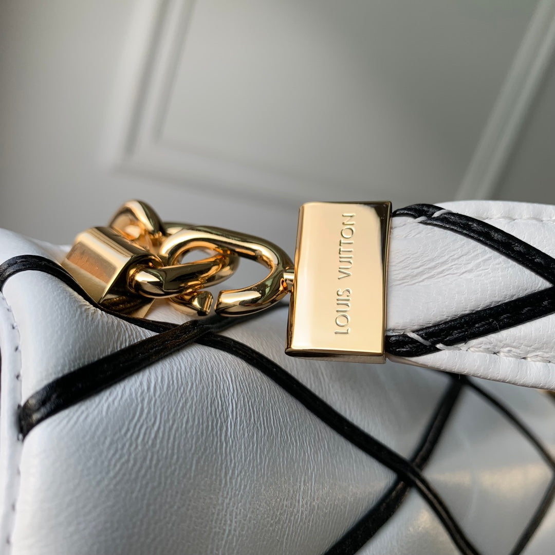 Louis Vuitton White Quilted Leather Shoulder Bag with Black Diamond Lattice Pattern