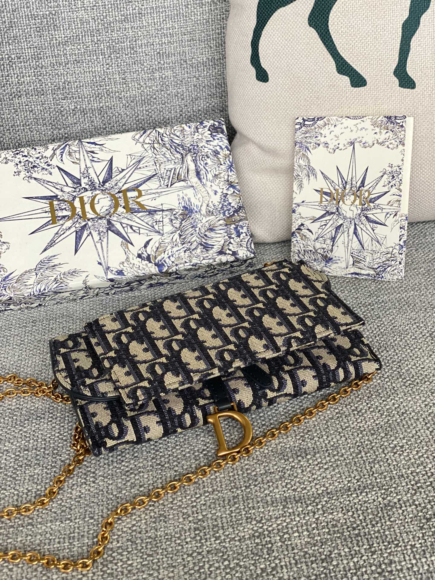 Christian Dior Blue Oblique Jacquard Pouch with Gold Chain Strap and Packaging