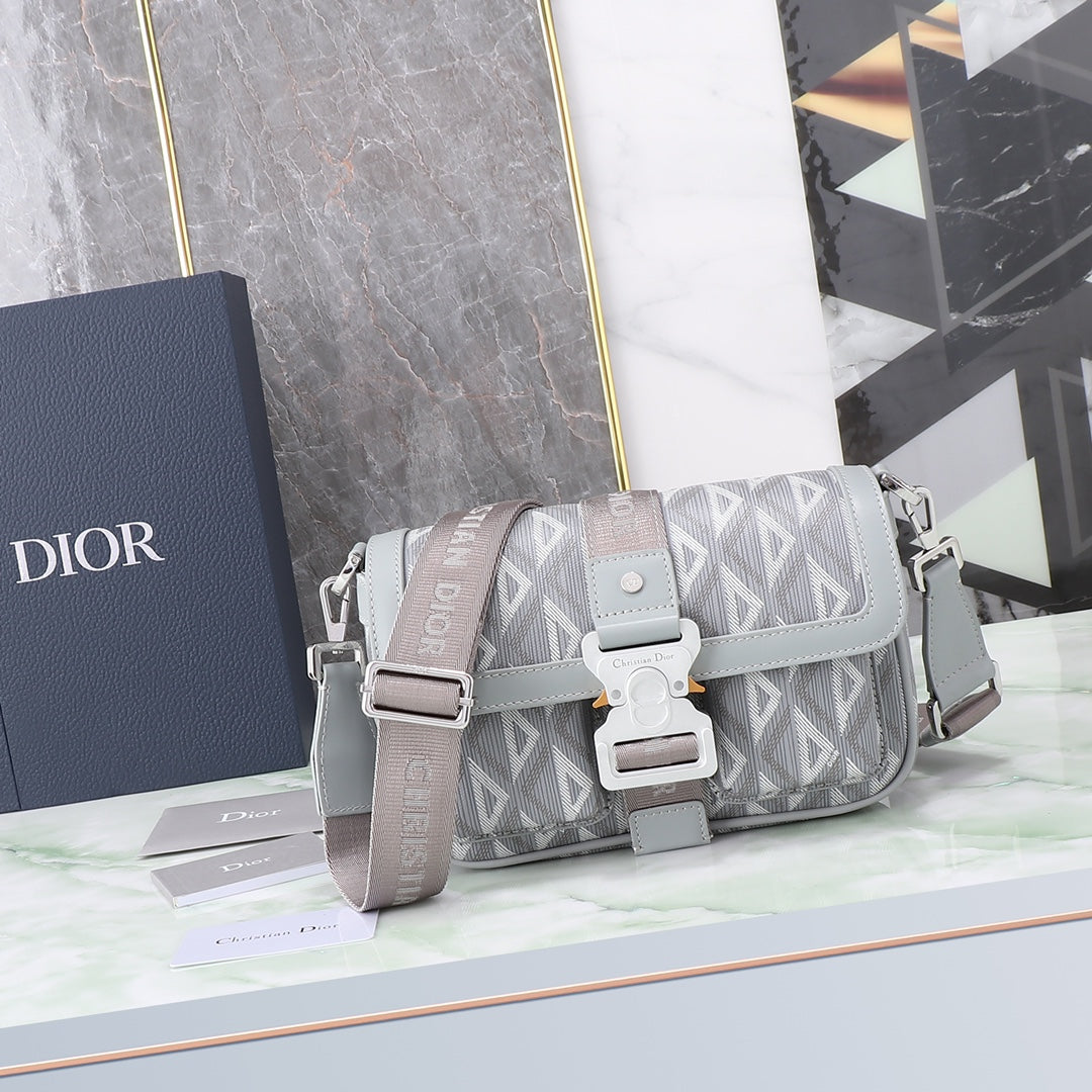Dior Grey Geometric Print Crossbody Messenger Bag with Utility Buckle