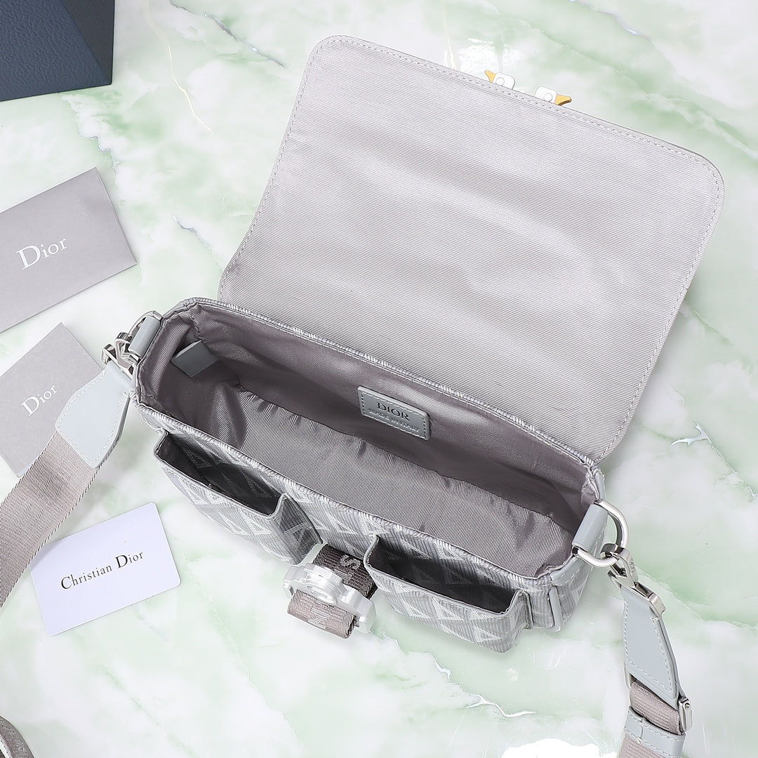 Dior Grey Geometric Print Crossbody Messenger Bag with Utility Buckle